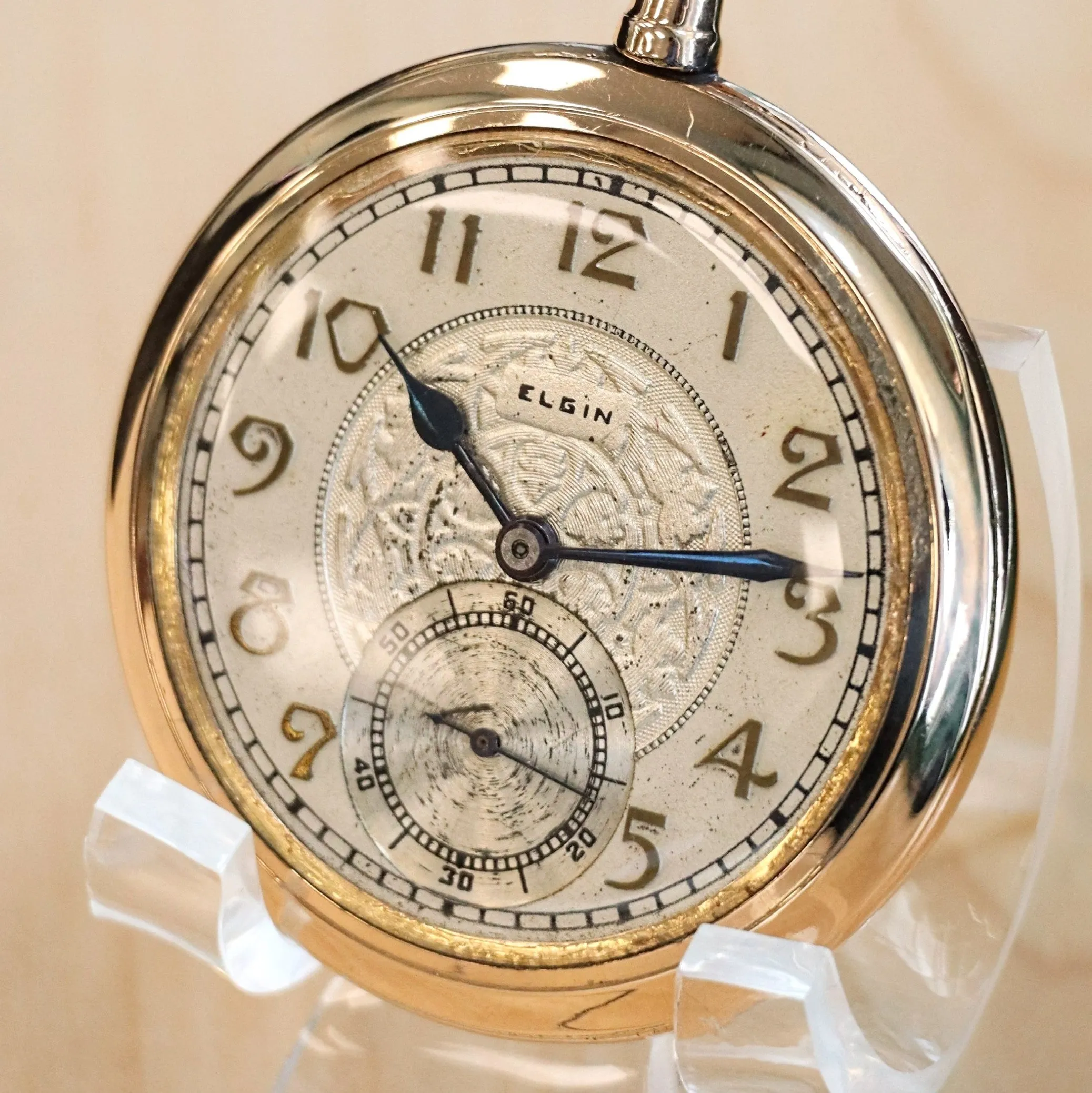 1915 ELGIN Dress Pocket Watch Openface 12s 17 Jewels Grade 345 Decorative Dial Yellow G.F. Case