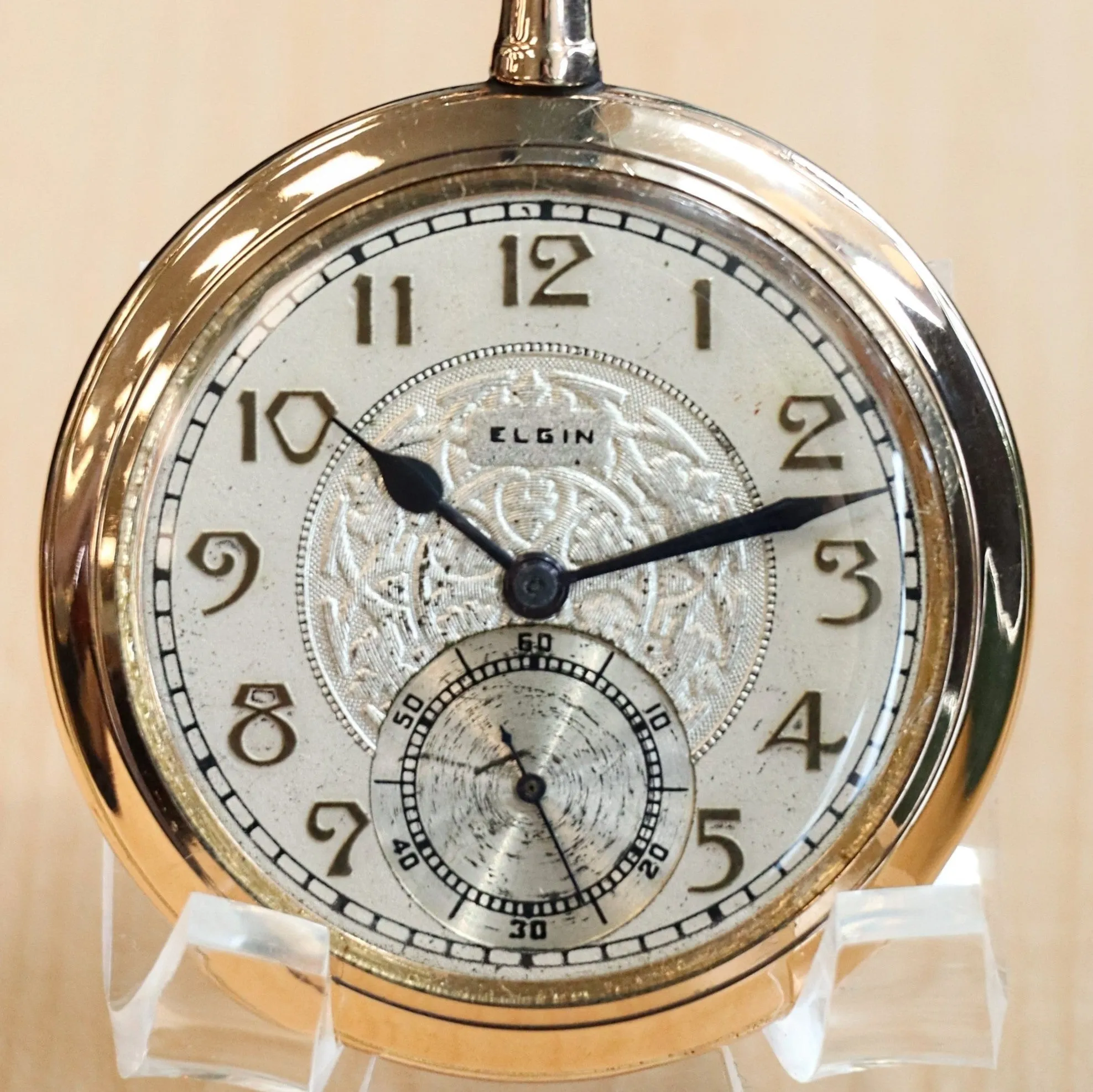 1915 ELGIN Dress Pocket Watch Openface 12s 17 Jewels Grade 345 Decorative Dial Yellow G.F. Case