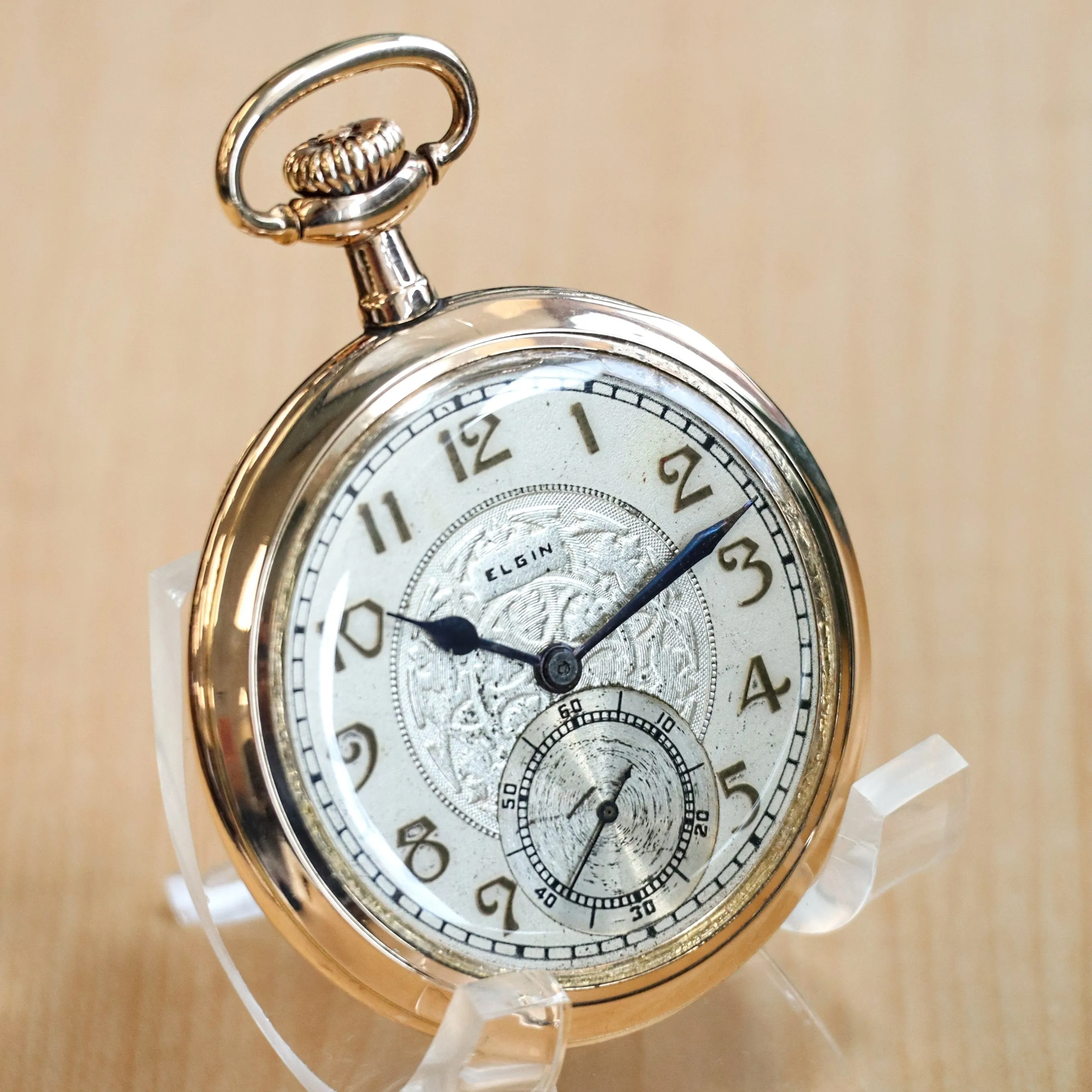 1915 ELGIN Dress Pocket Watch Openface 12s 17 Jewels Grade 345 Decorative Dial Yellow G.F. Case