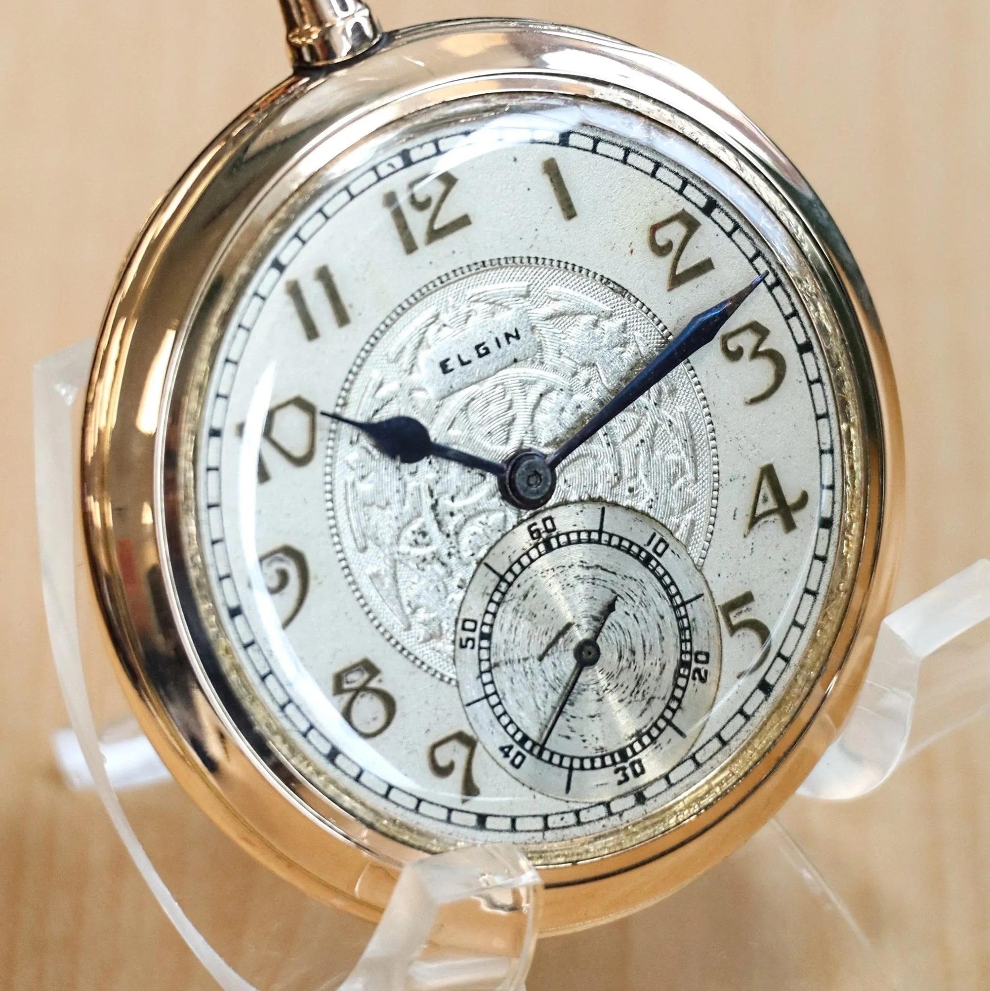 1915 ELGIN Dress Pocket Watch Openface 12s 17 Jewels Grade 345 Decorative Dial Yellow G.F. Case