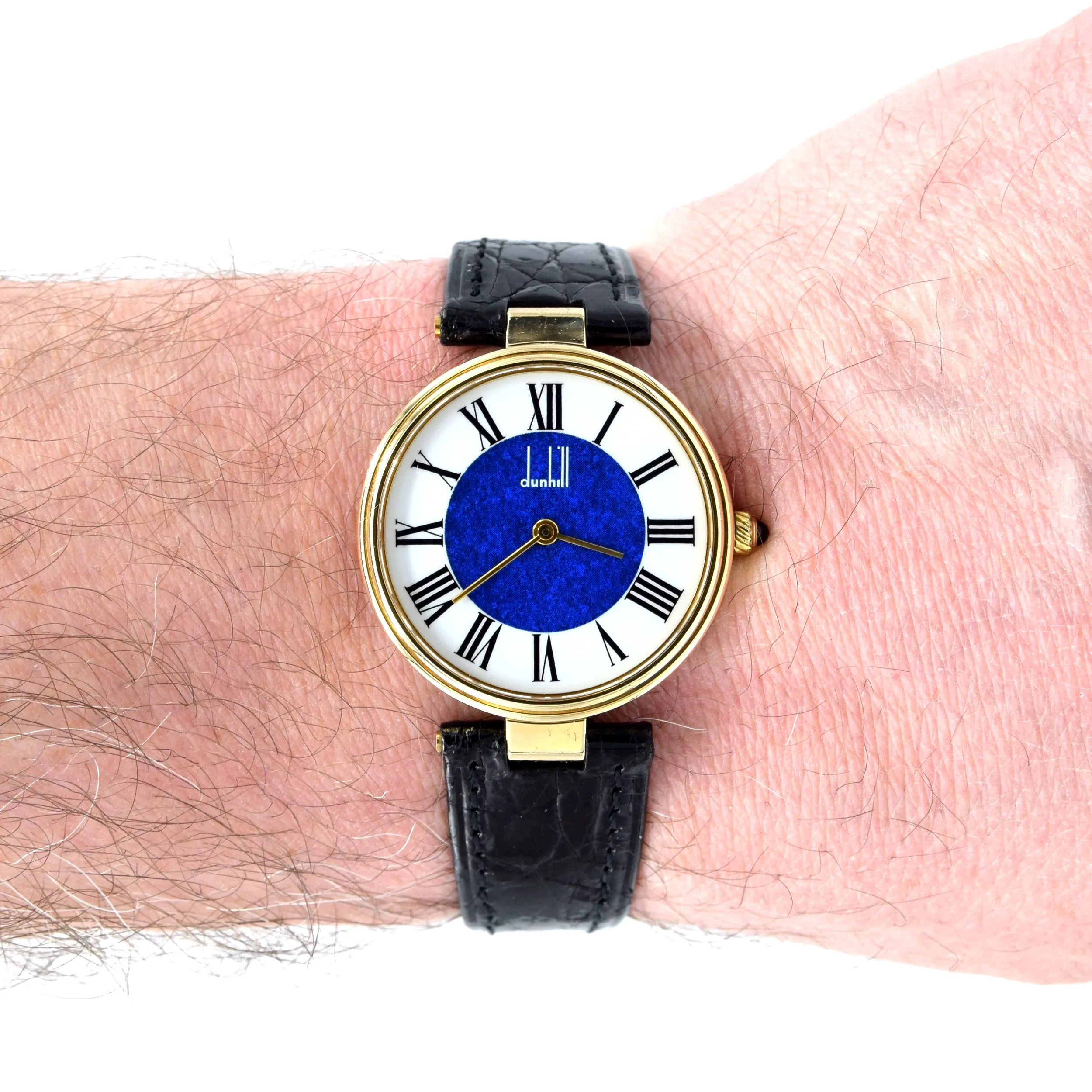 1980 Alfred Dunhill silver 925 sterling 'Blue Bulls eye' swiss quartz dress Wristwatch with strap - buckle - box