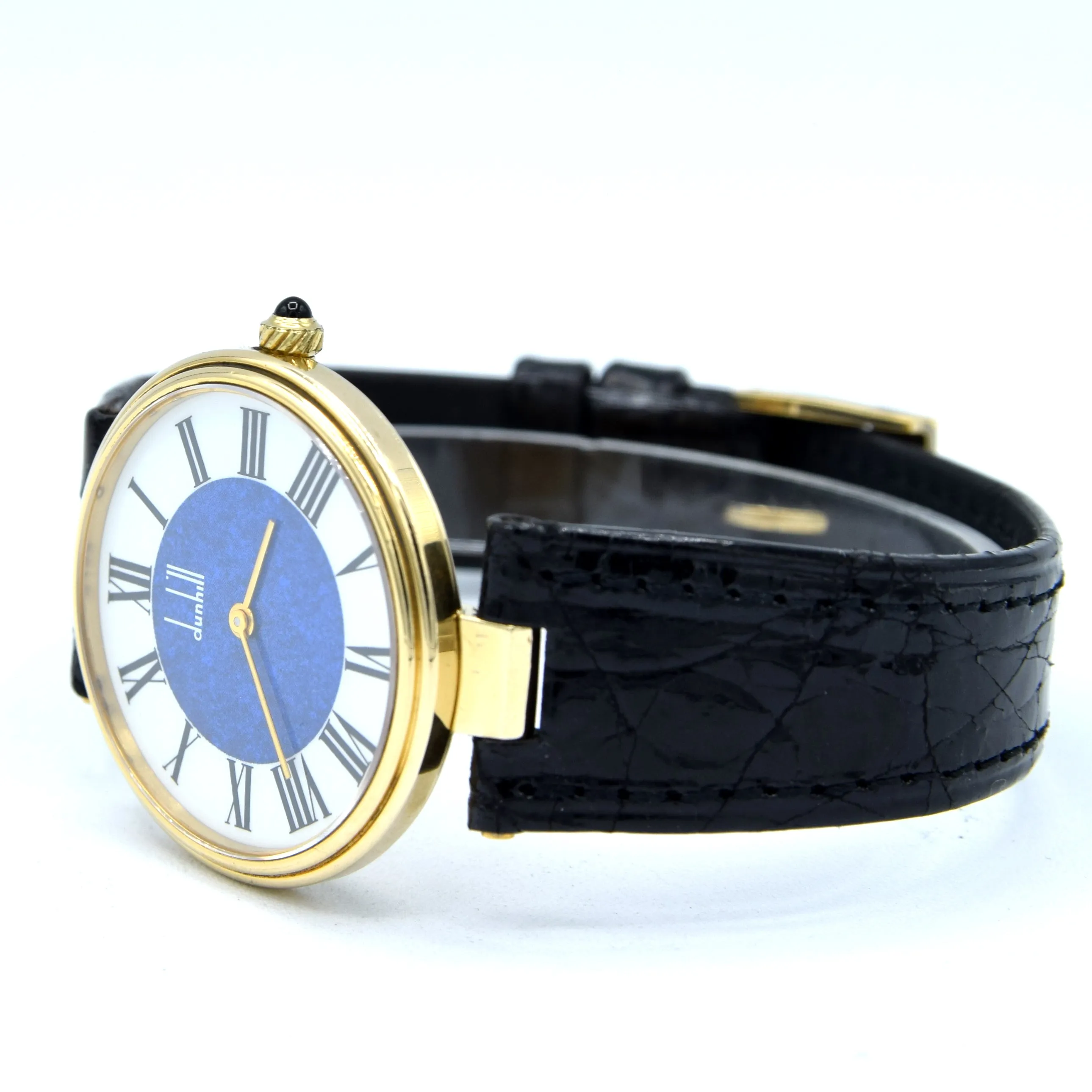 1980 Alfred Dunhill silver 925 sterling 'Blue Bulls eye' swiss quartz dress Wristwatch with strap - buckle - box