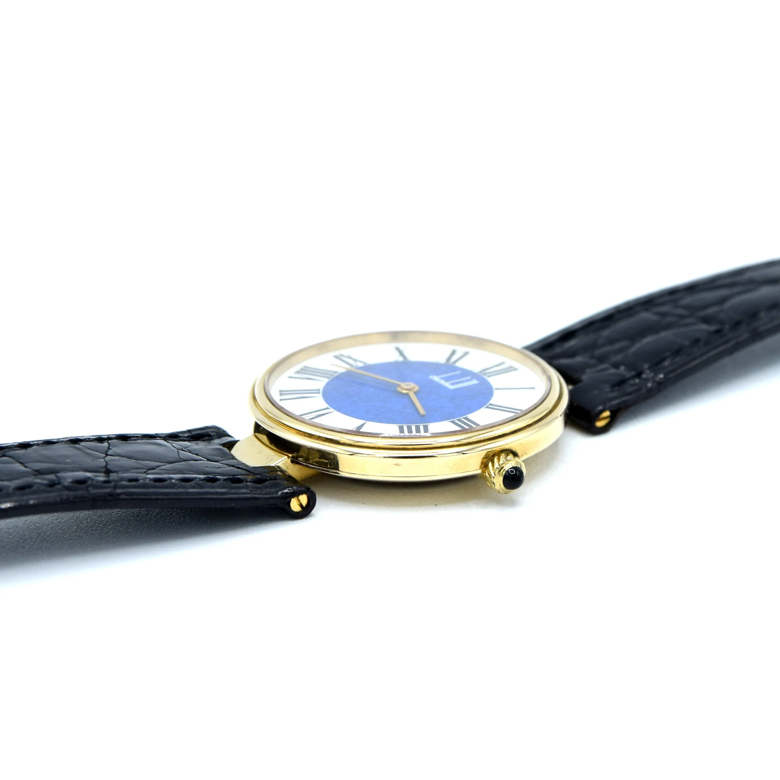 1980 Alfred Dunhill silver 925 sterling 'Blue Bulls eye' swiss quartz dress Wristwatch with strap - buckle - box