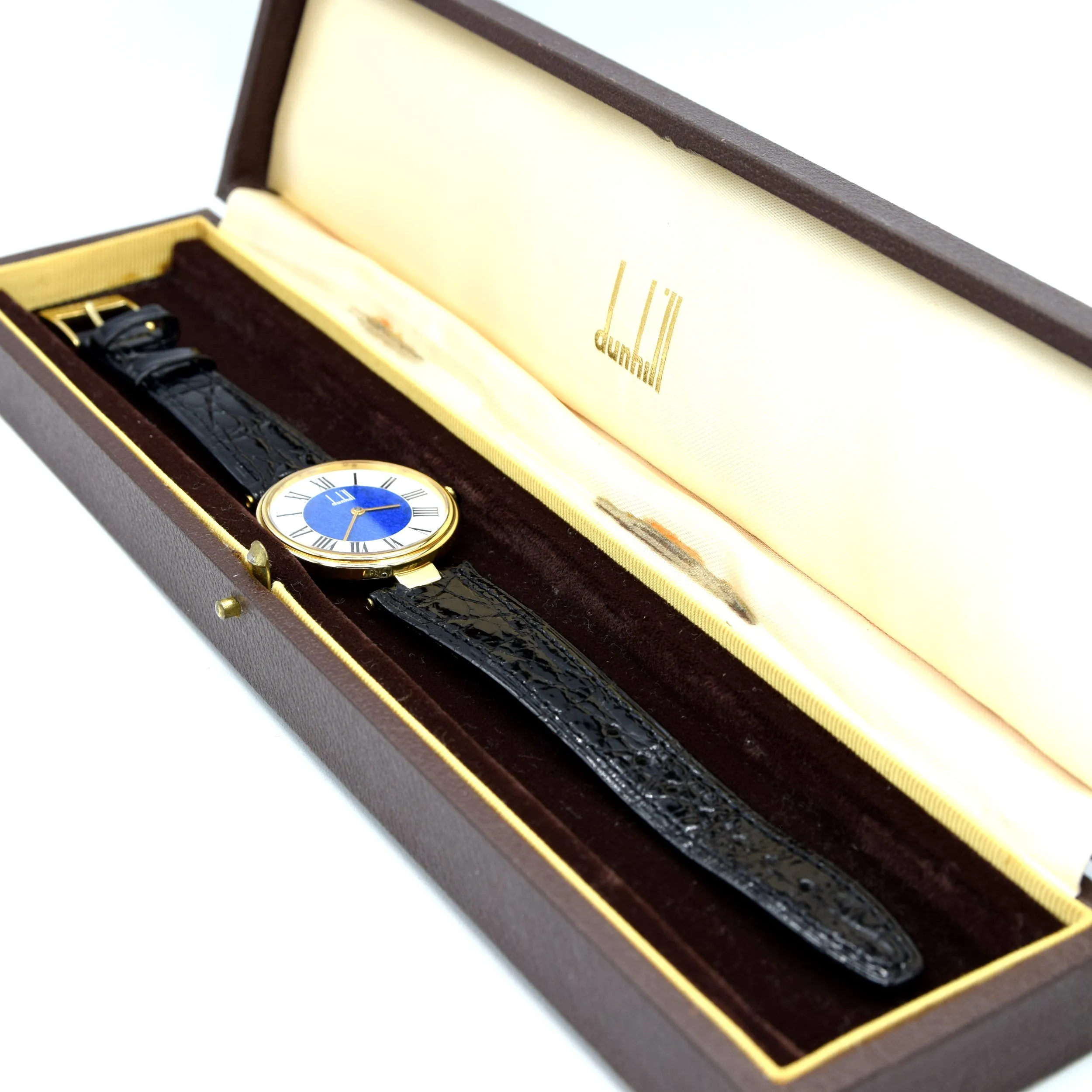 1980 Alfred Dunhill silver 925 sterling 'Blue Bulls eye' swiss quartz dress Wristwatch with strap - buckle - box