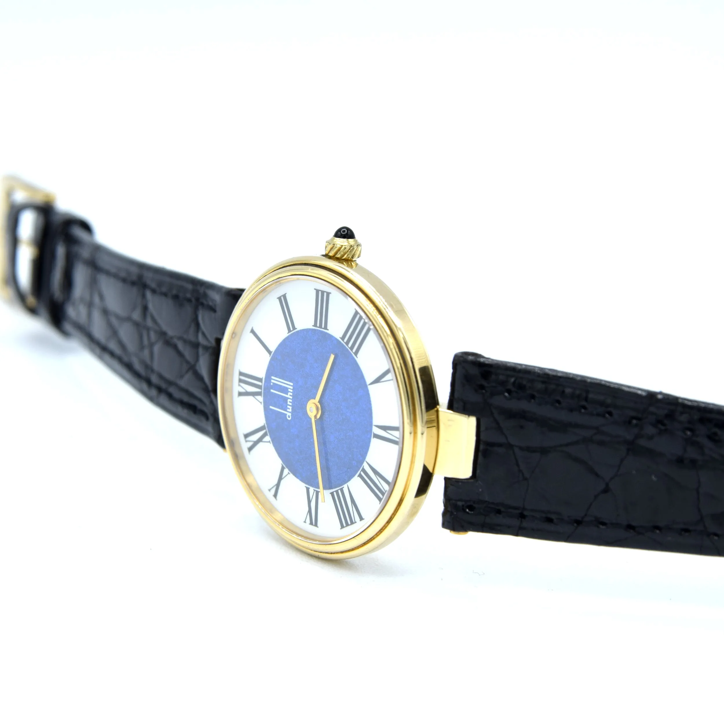 1980 Alfred Dunhill silver 925 sterling 'Blue Bulls eye' swiss quartz dress Wristwatch with strap - buckle - box