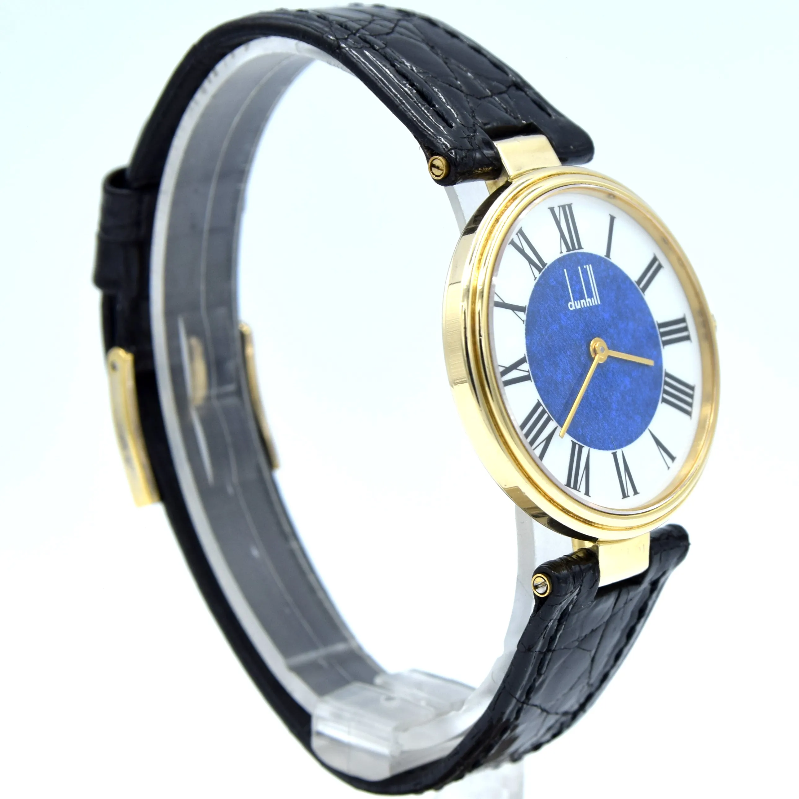 1980 Alfred Dunhill silver 925 sterling 'Blue Bulls eye' swiss quartz dress Wristwatch with strap - buckle - box