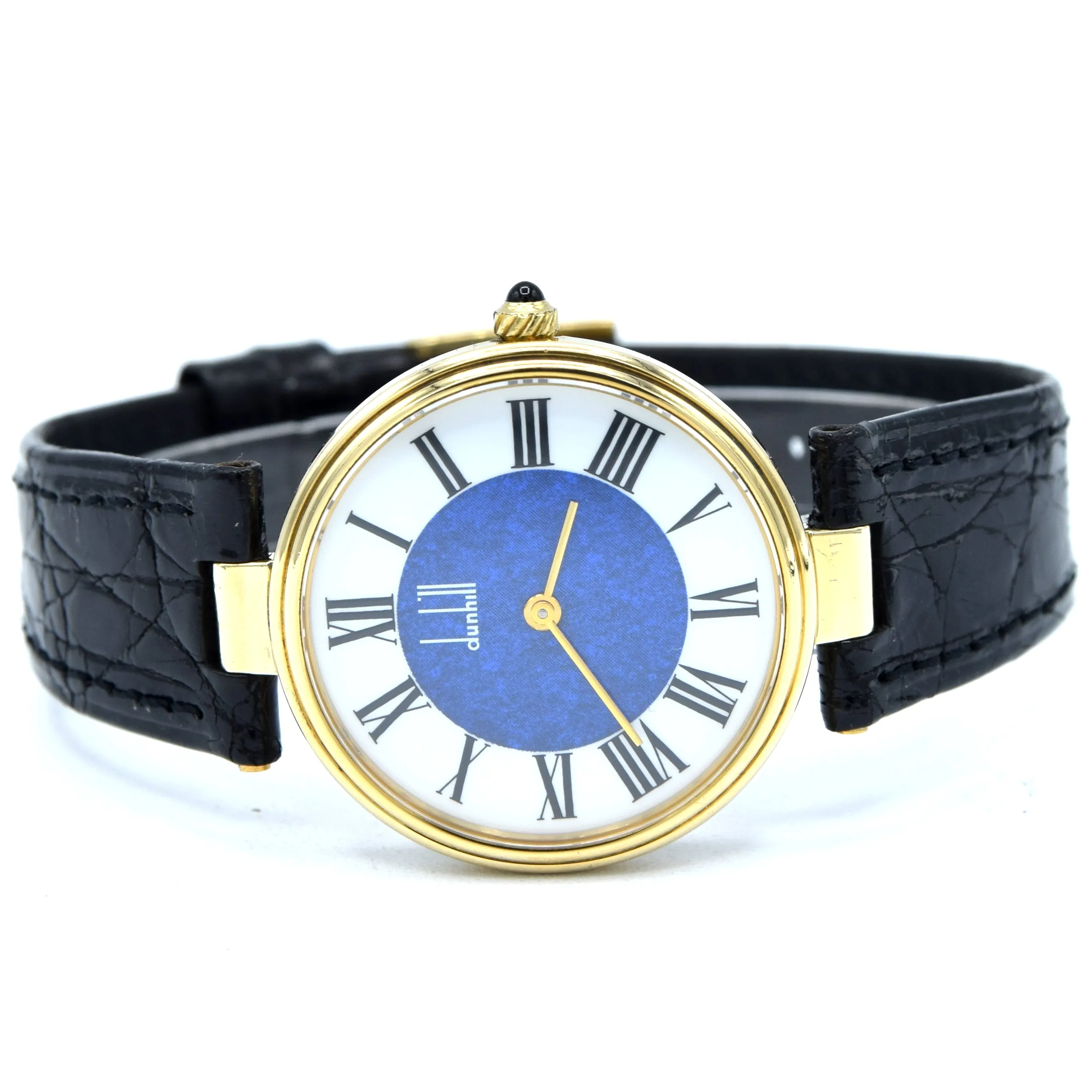 1980 Alfred Dunhill silver 925 sterling 'Blue Bulls eye' swiss quartz dress Wristwatch with strap - buckle - box