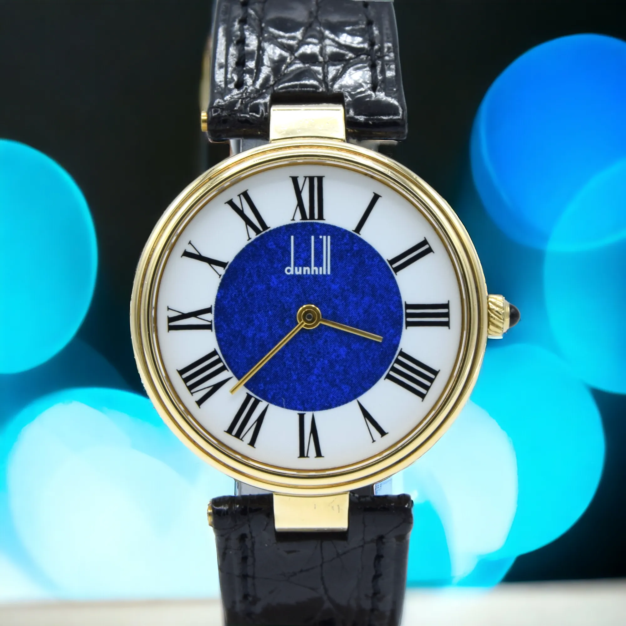 1980 Alfred Dunhill silver 925 sterling 'Blue Bulls eye' swiss quartz dress Wristwatch with strap - buckle - box
