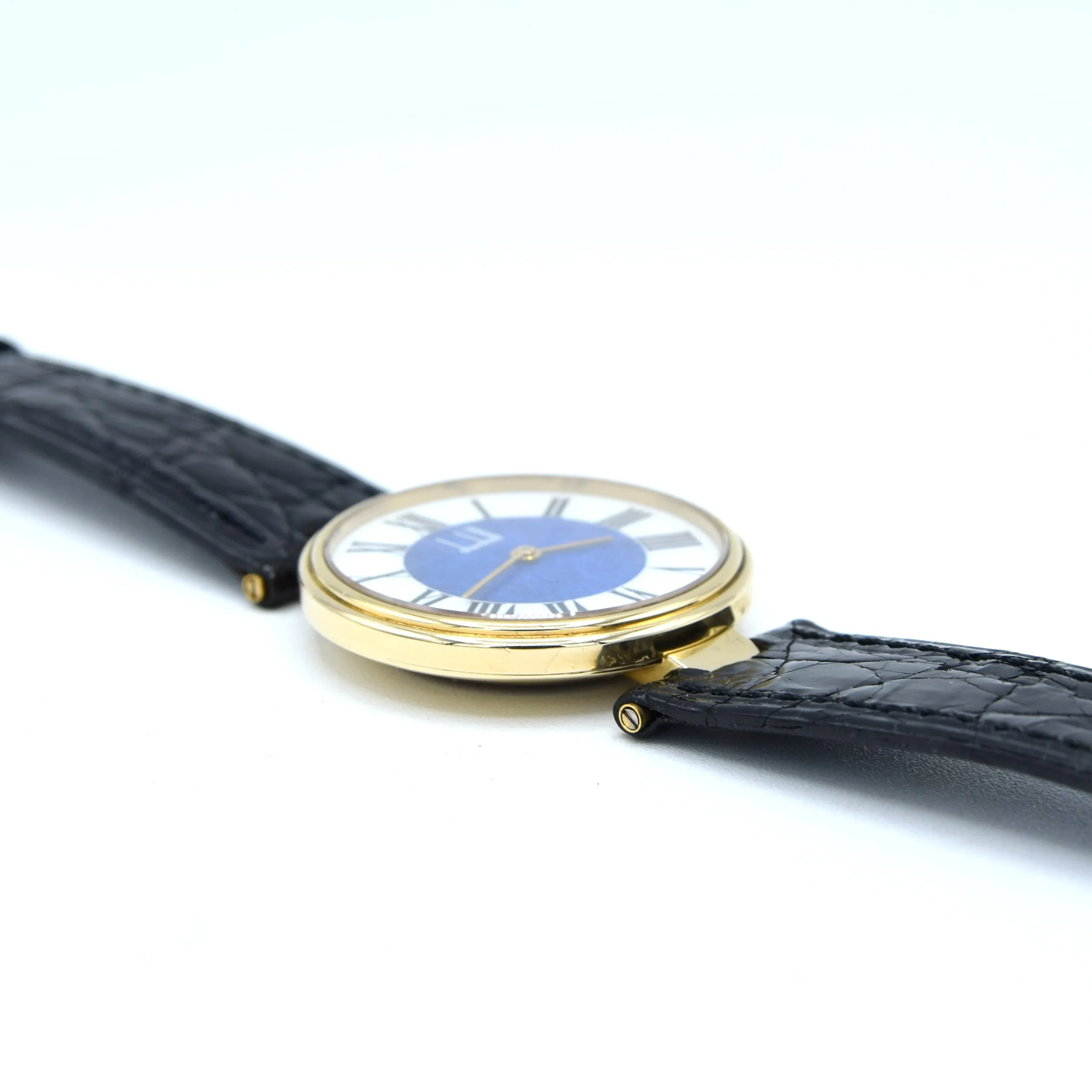 1980 Alfred Dunhill silver 925 sterling 'Blue Bulls eye' swiss quartz dress Wristwatch with strap - buckle - box