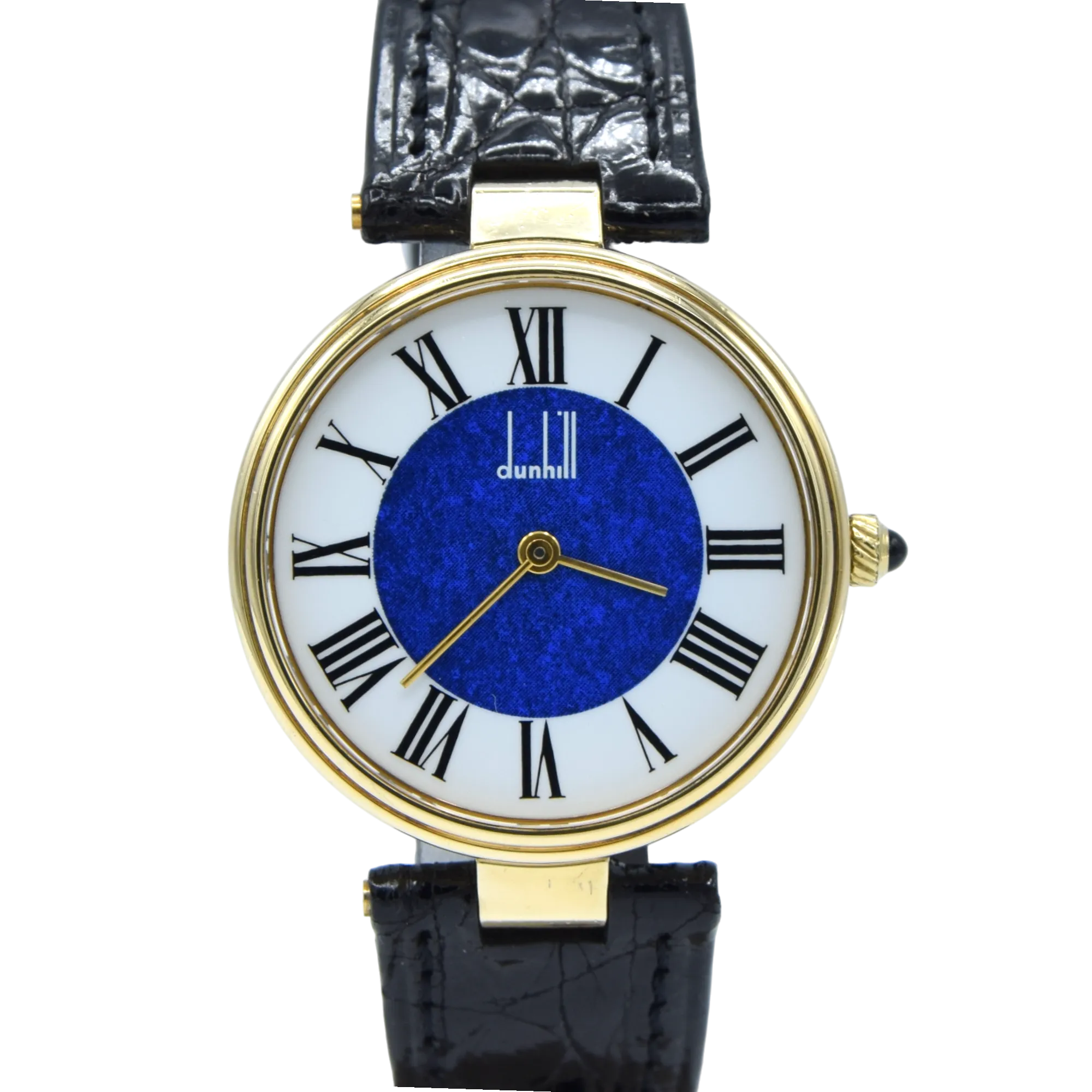 1980 Alfred Dunhill silver 925 sterling 'Blue Bulls eye' swiss quartz dress Wristwatch with strap - buckle - box