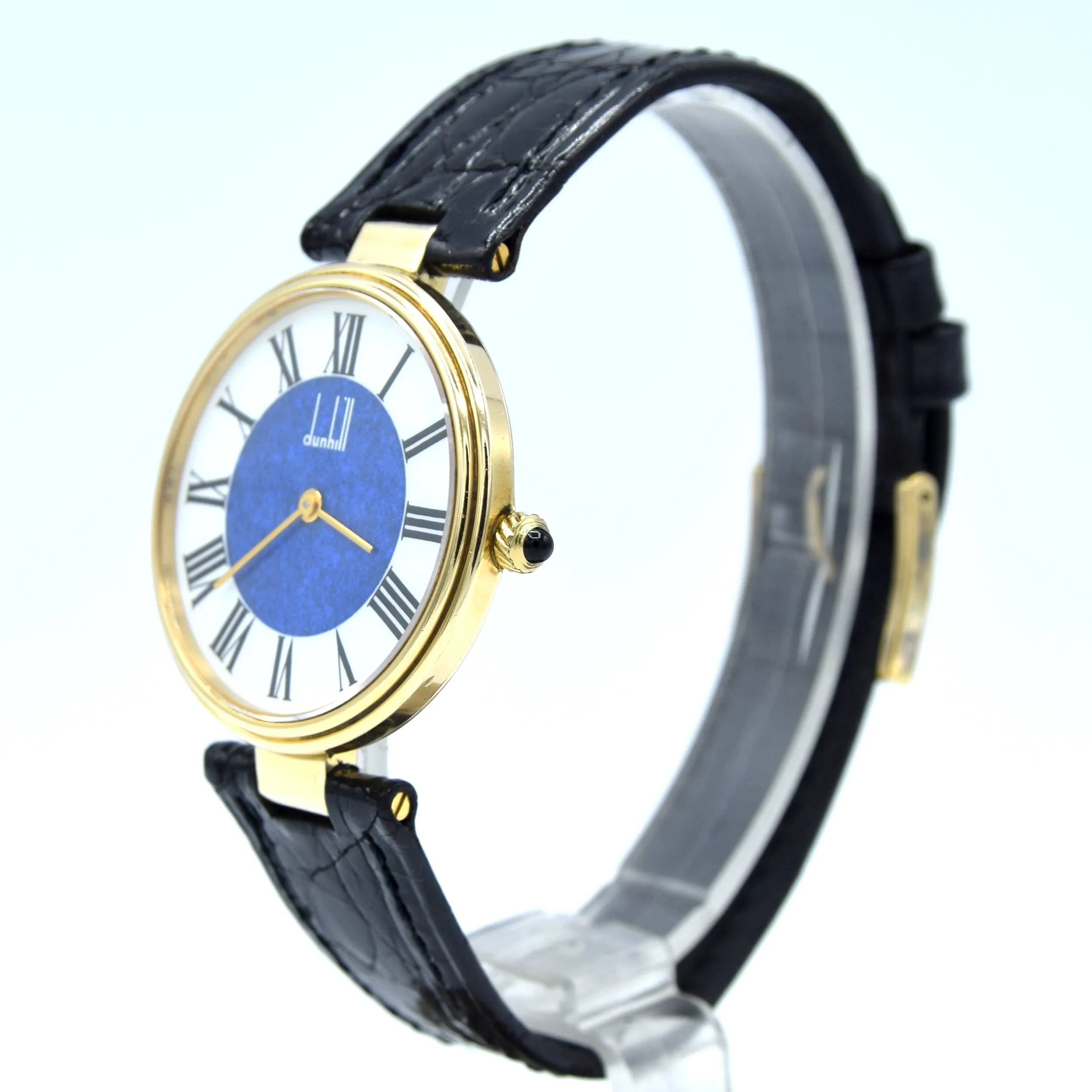 1980 Alfred Dunhill silver 925 sterling 'Blue Bulls eye' swiss quartz dress Wristwatch with strap - buckle - box