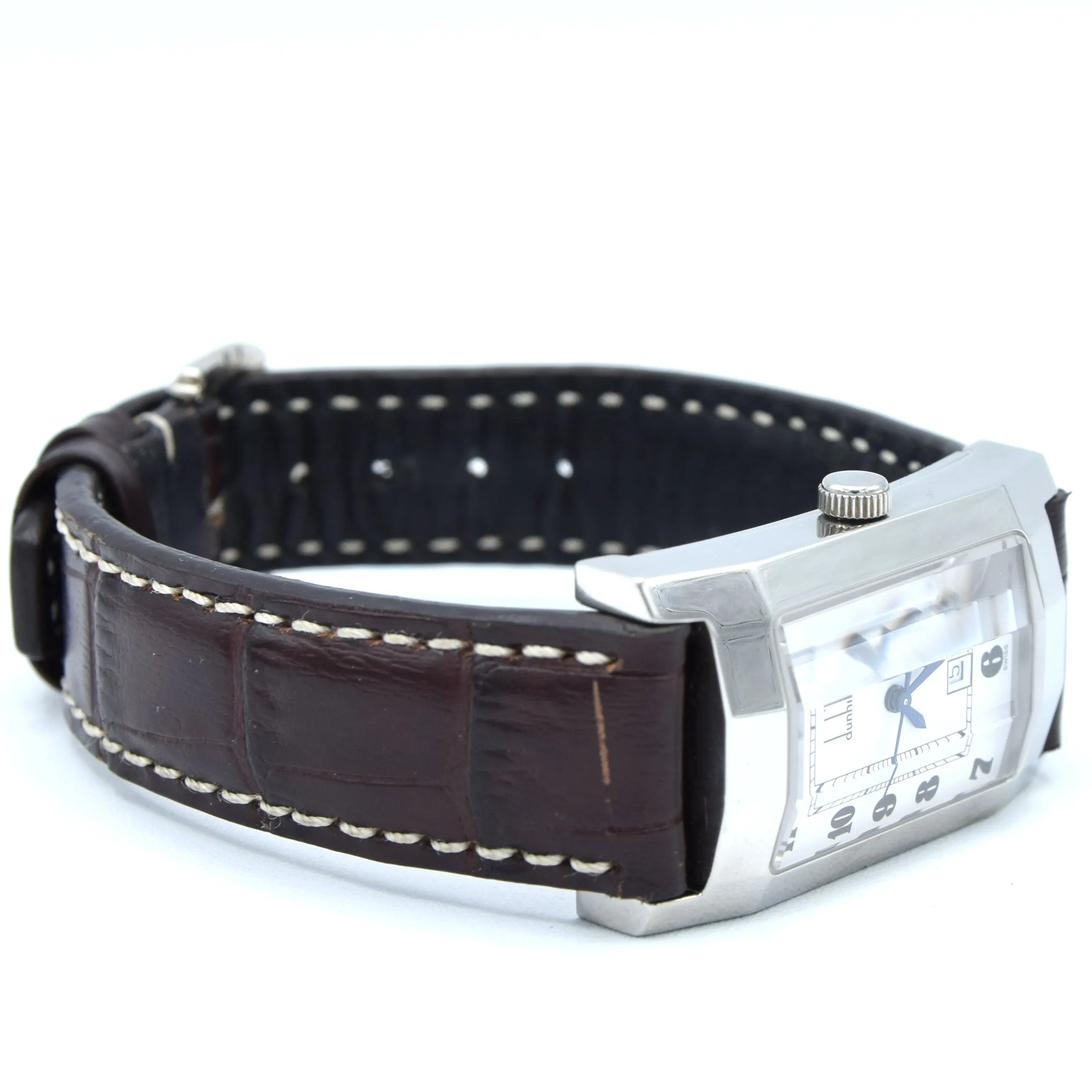 1990s Alfred Dunhill 'Facet' swiss quartz Date Wristwatch with White Dial on leather   Buckle