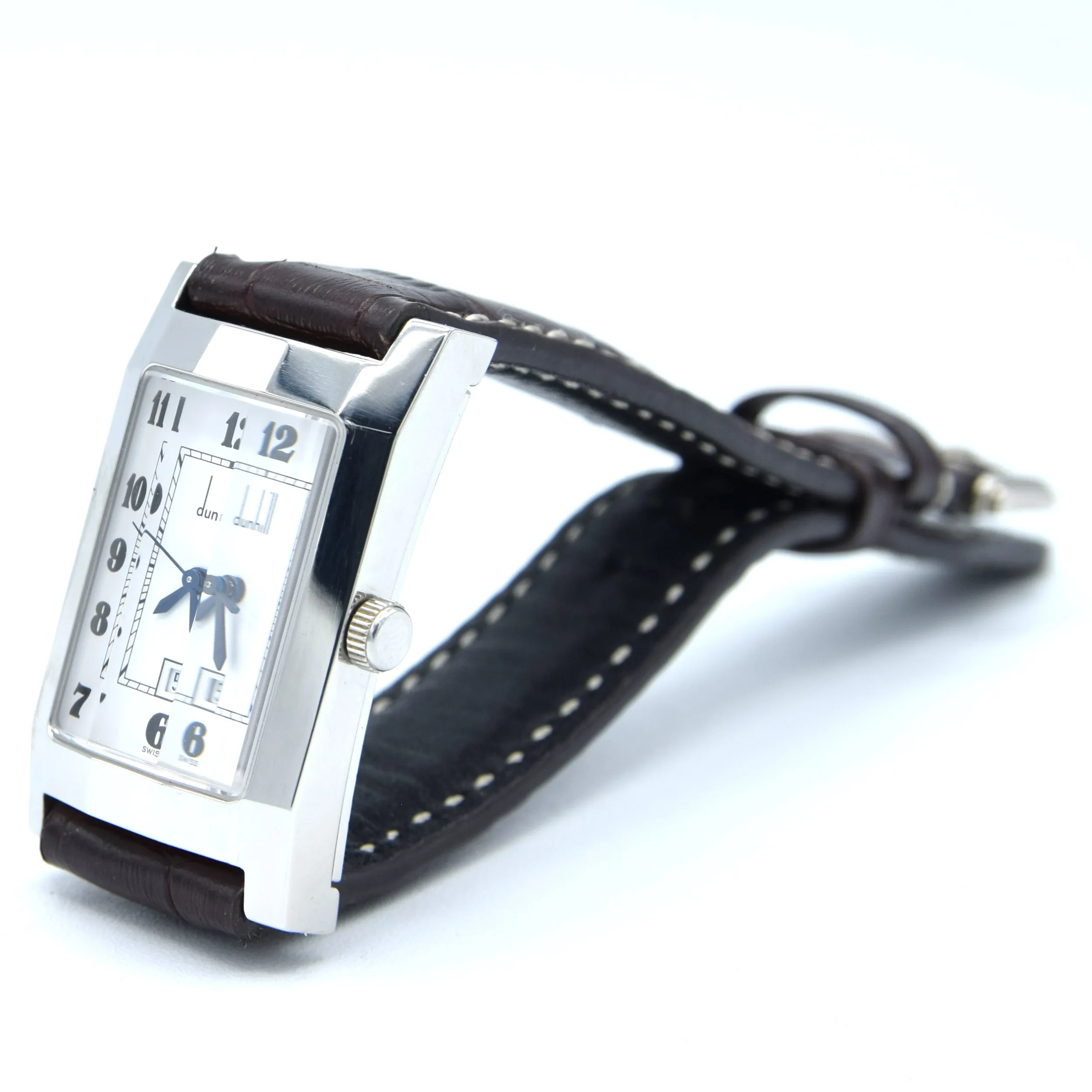 1990s Alfred Dunhill 'Facet' swiss quartz Date Wristwatch with White Dial on leather   Buckle
