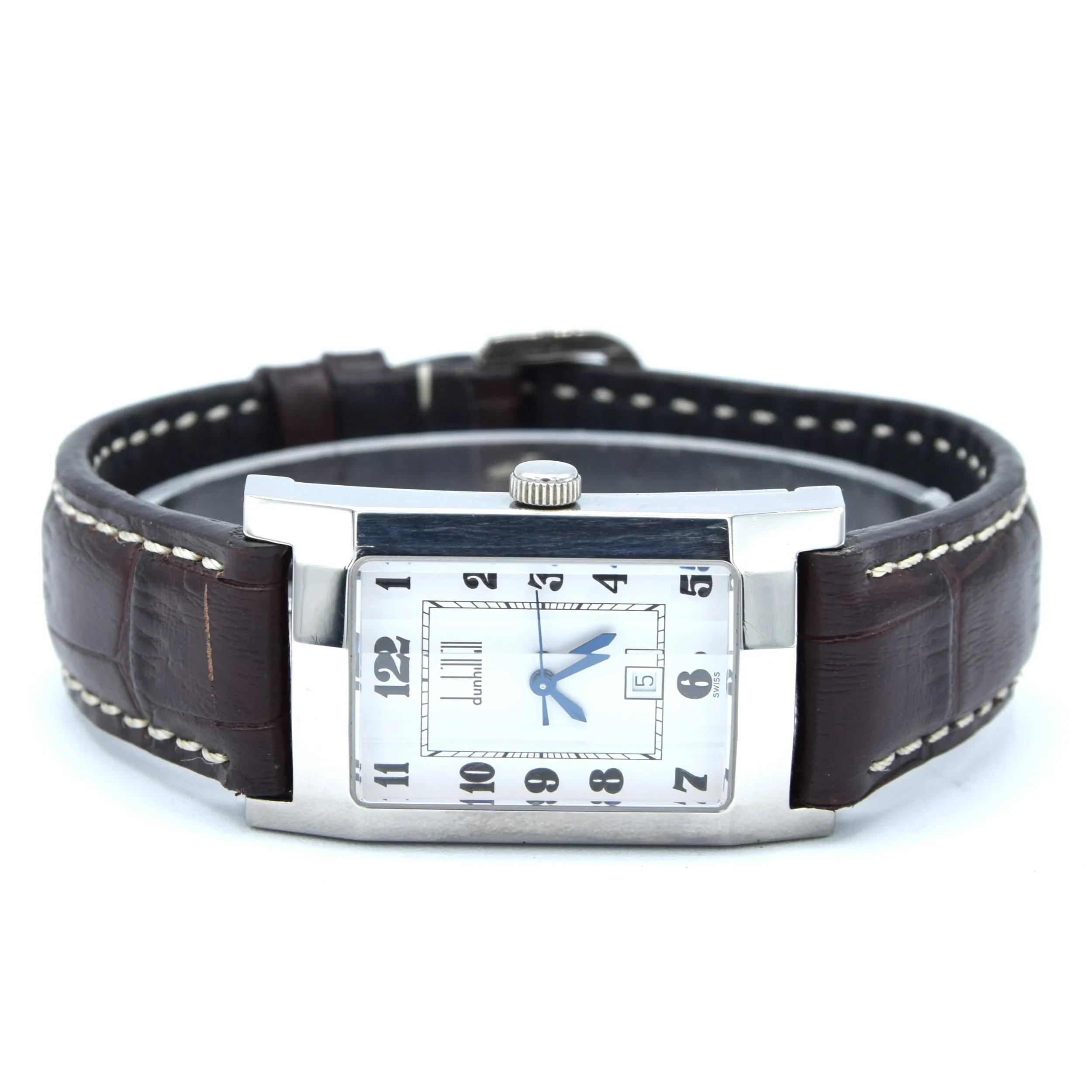1990s Alfred Dunhill 'Facet' swiss quartz Date Wristwatch with White Dial on leather   Buckle