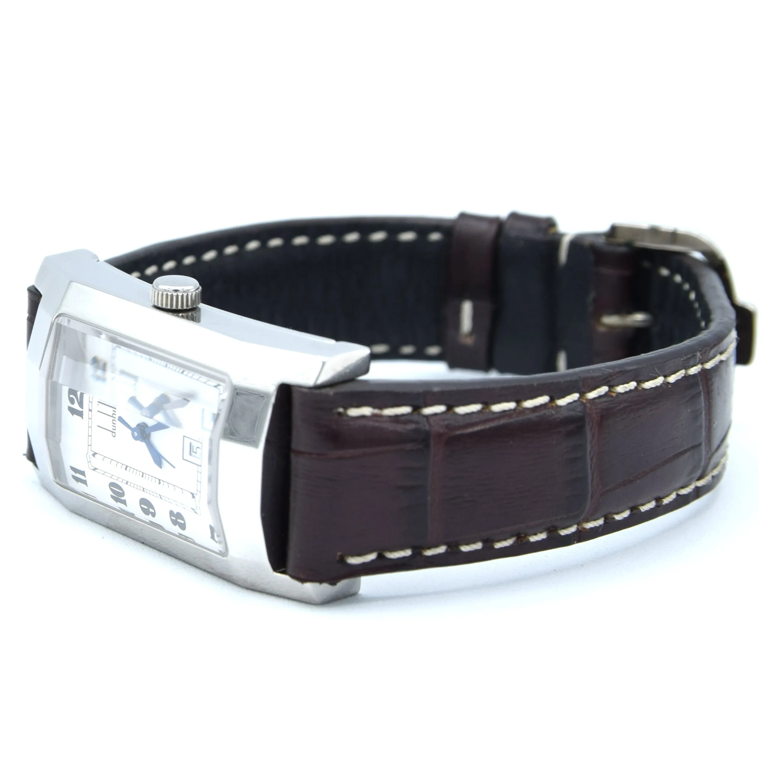 1990s Alfred Dunhill 'Facet' swiss quartz Date Wristwatch with White Dial on leather   Buckle