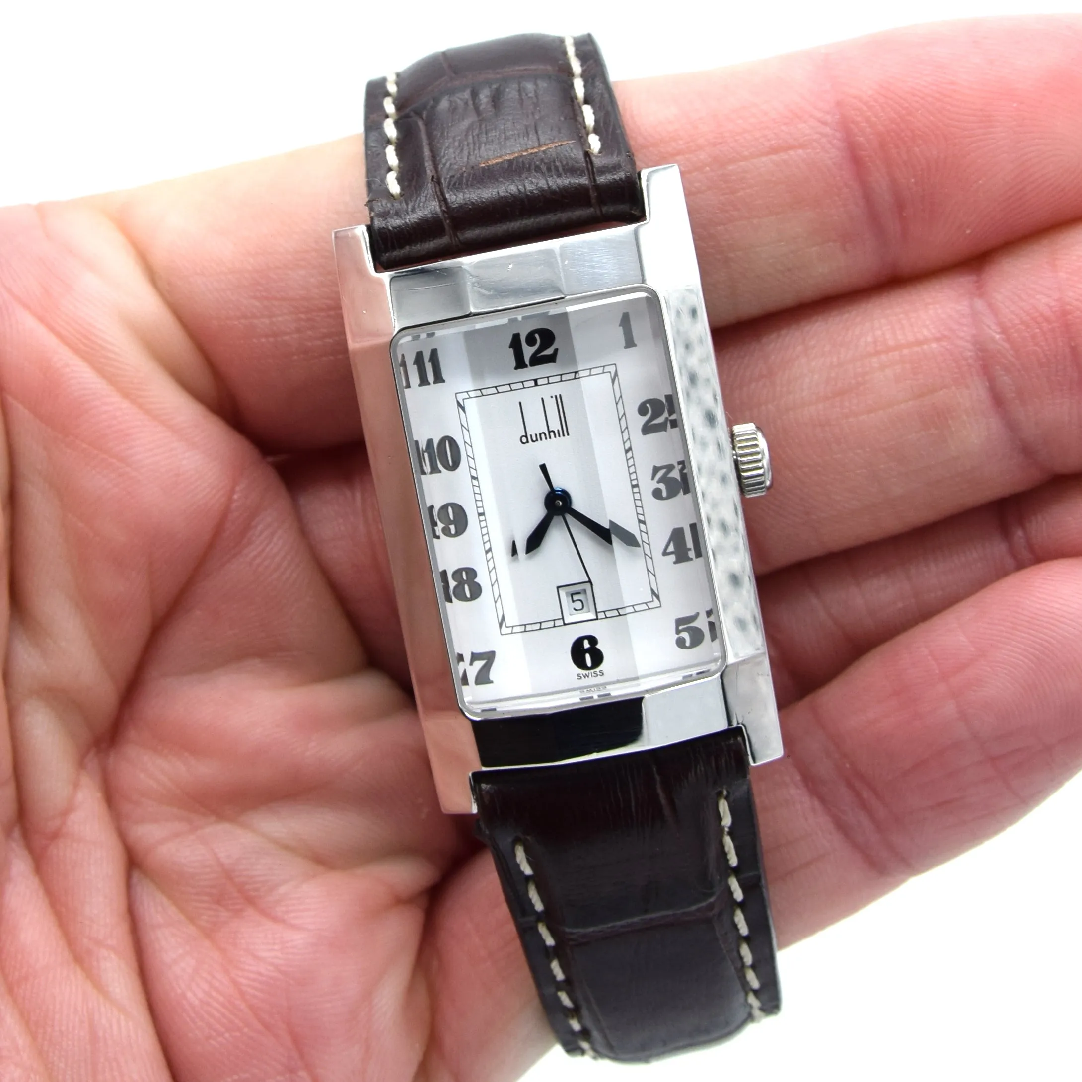 1990s Alfred Dunhill 'Facet' swiss quartz Date Wristwatch with White Dial on leather   Buckle