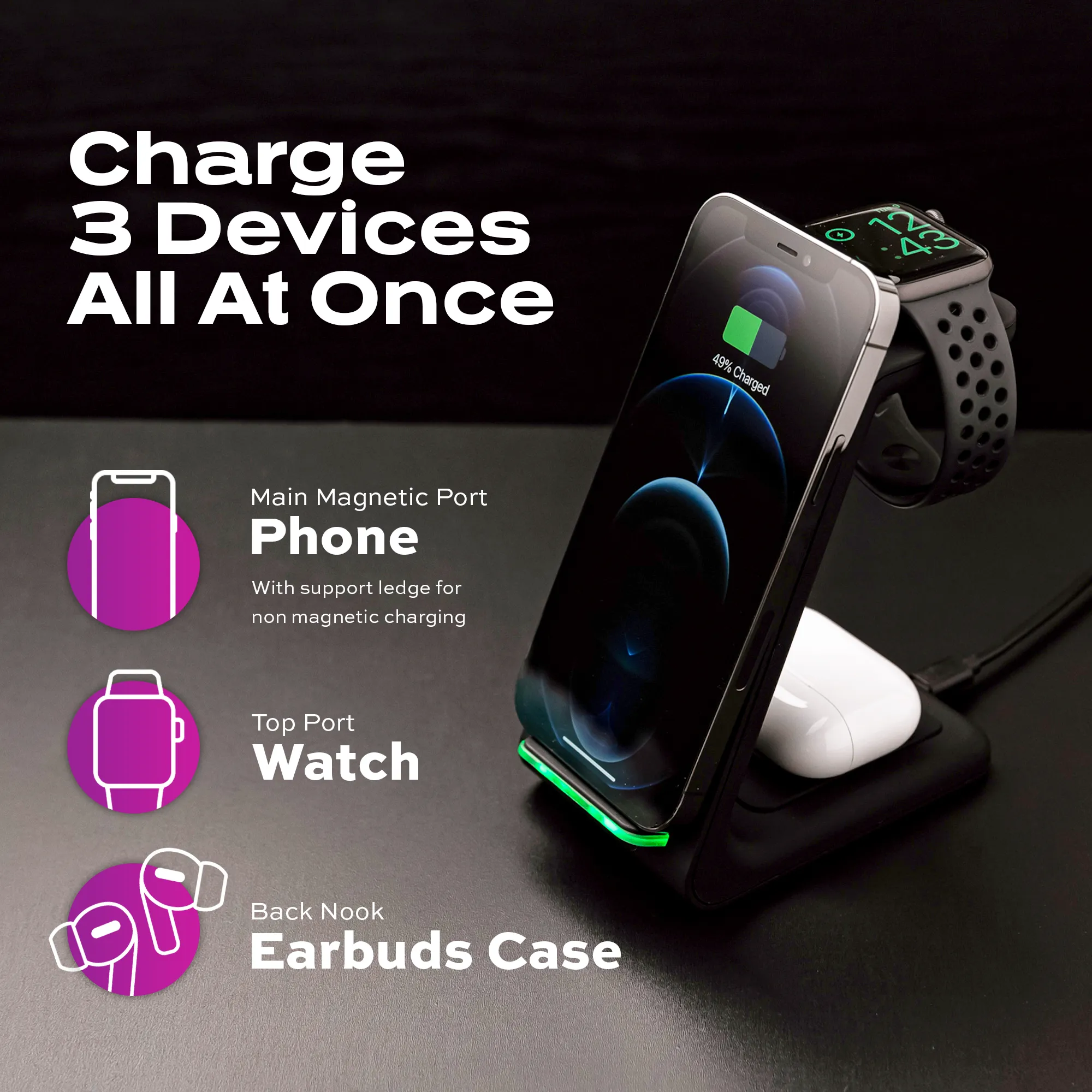 3-in-1 Wireless Charger | 10W Charging Station | Universal