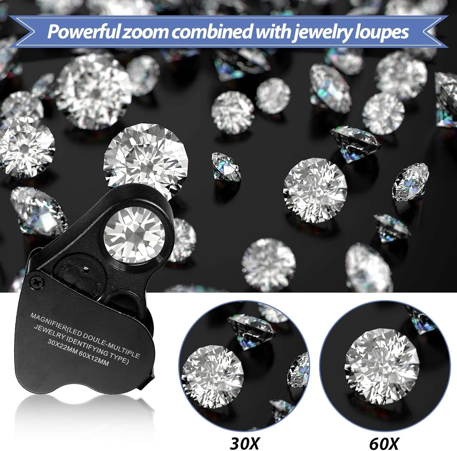 3 Pieces Magnifying Glass 30X 40X 60X Jewelers Loupe Illuminated Jewelers Eye Loupe Foldable Loupe Magnifier with Light Diamond Magnifying Glass for Gems Jewelry Coins Stamps Watches
