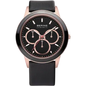 Bering Gents Multi function Rose Ceramic Bezel Black Leather Watch 33840-446