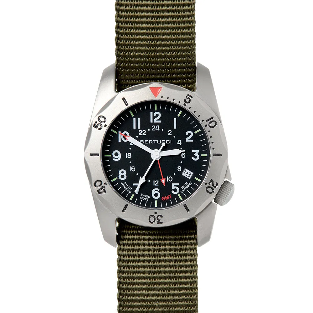 Bertucci A-2TR Vintage GMT Mens Defender Olive Titanium Nylon Band Black Quartz Dial Watch - 12118
