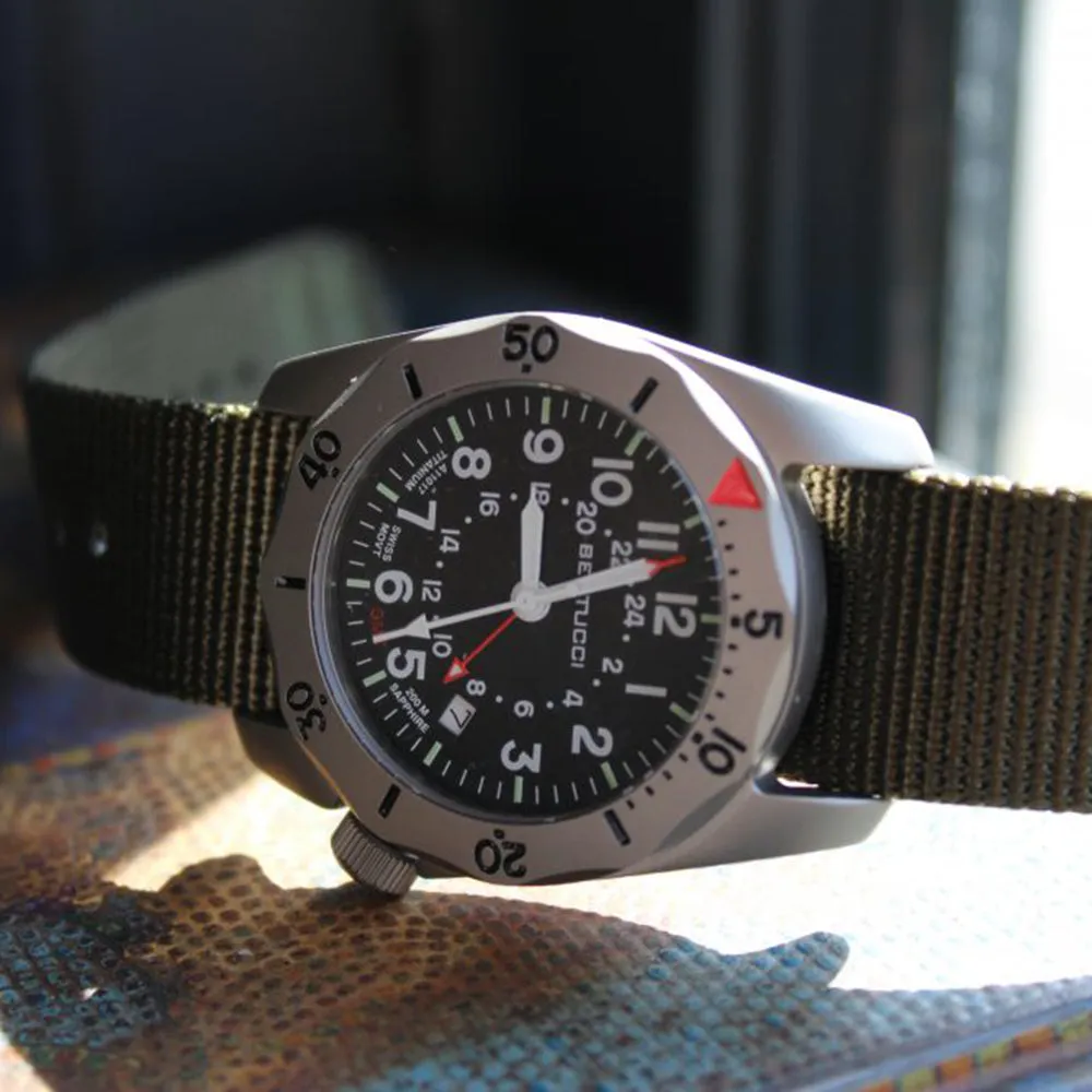 Bertucci A-2TR Vintage GMT Mens Defender Olive Titanium Nylon Band Black Quartz Dial Watch - 12118