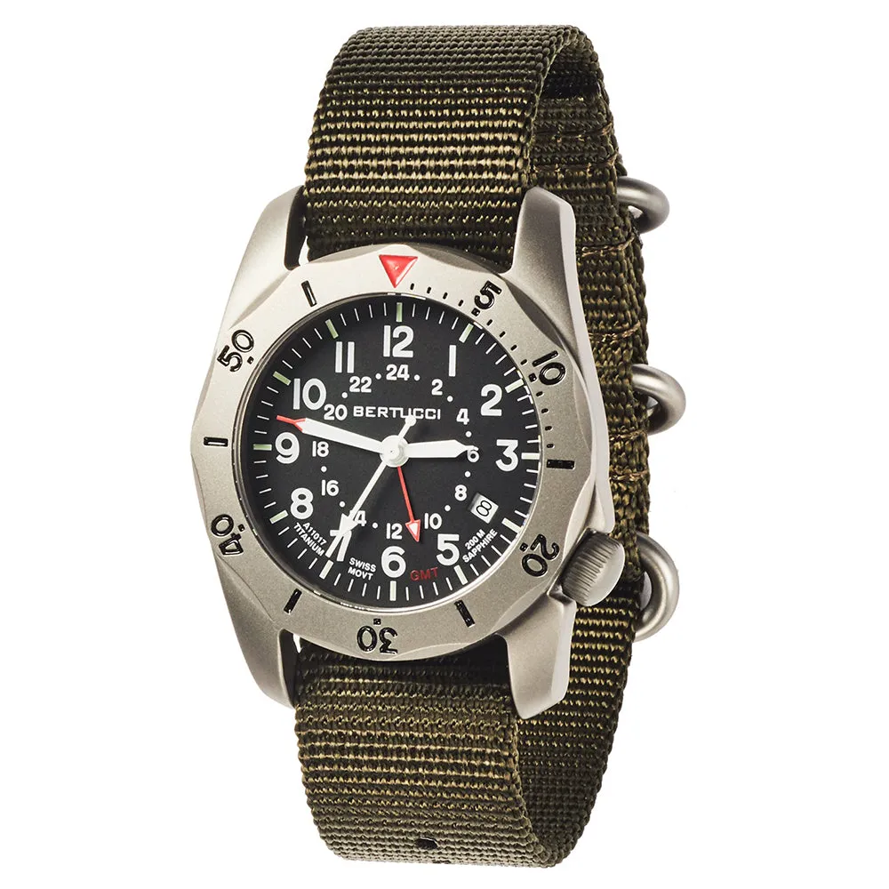 Bertucci A-2TR Vintage GMT Mens Defender Olive Titanium Nylon Band Black Quartz Dial Watch - 12118