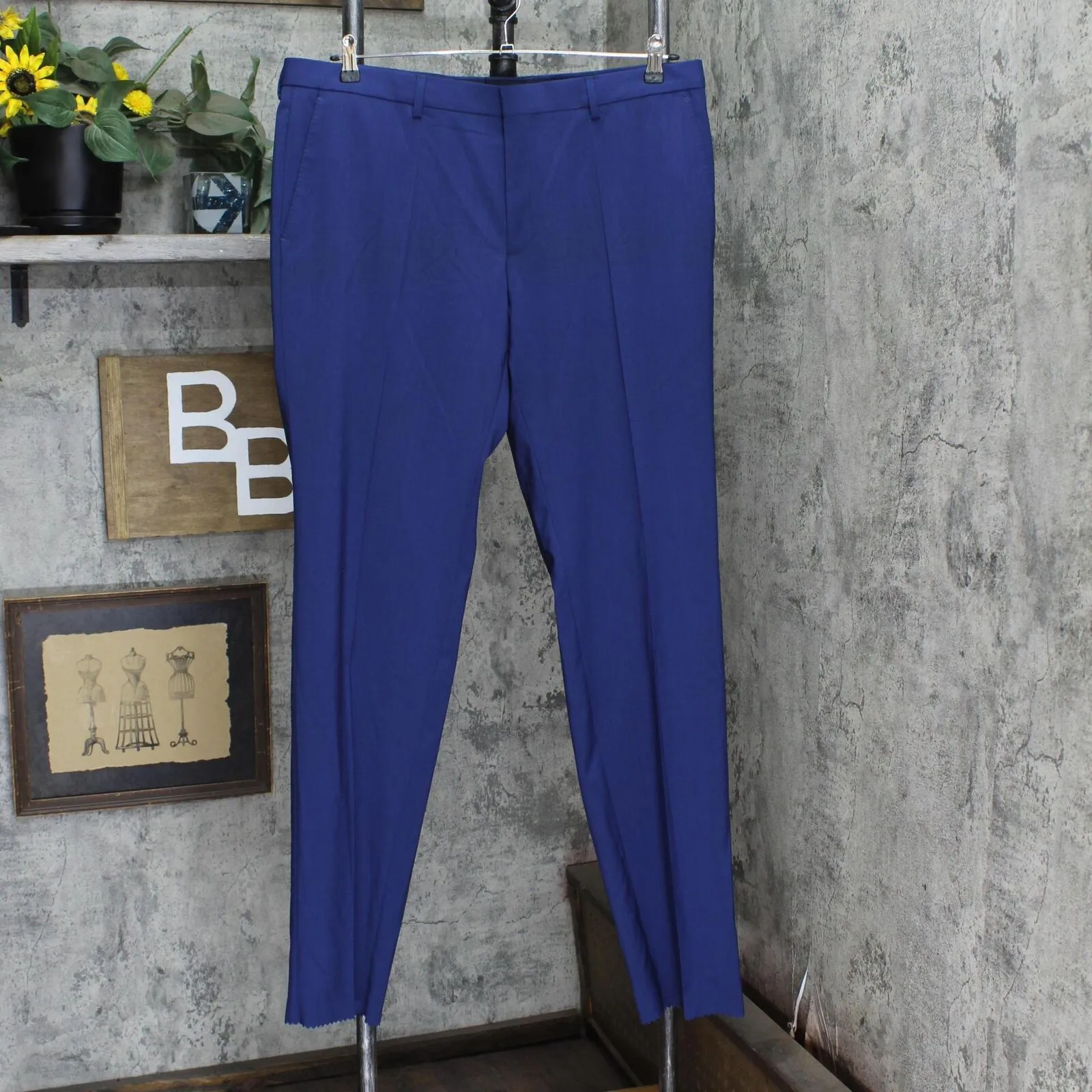 Boss Genius Stretch Tailored Slim Fit Wool Suit Dress Unhemmed Pants Navy 38R