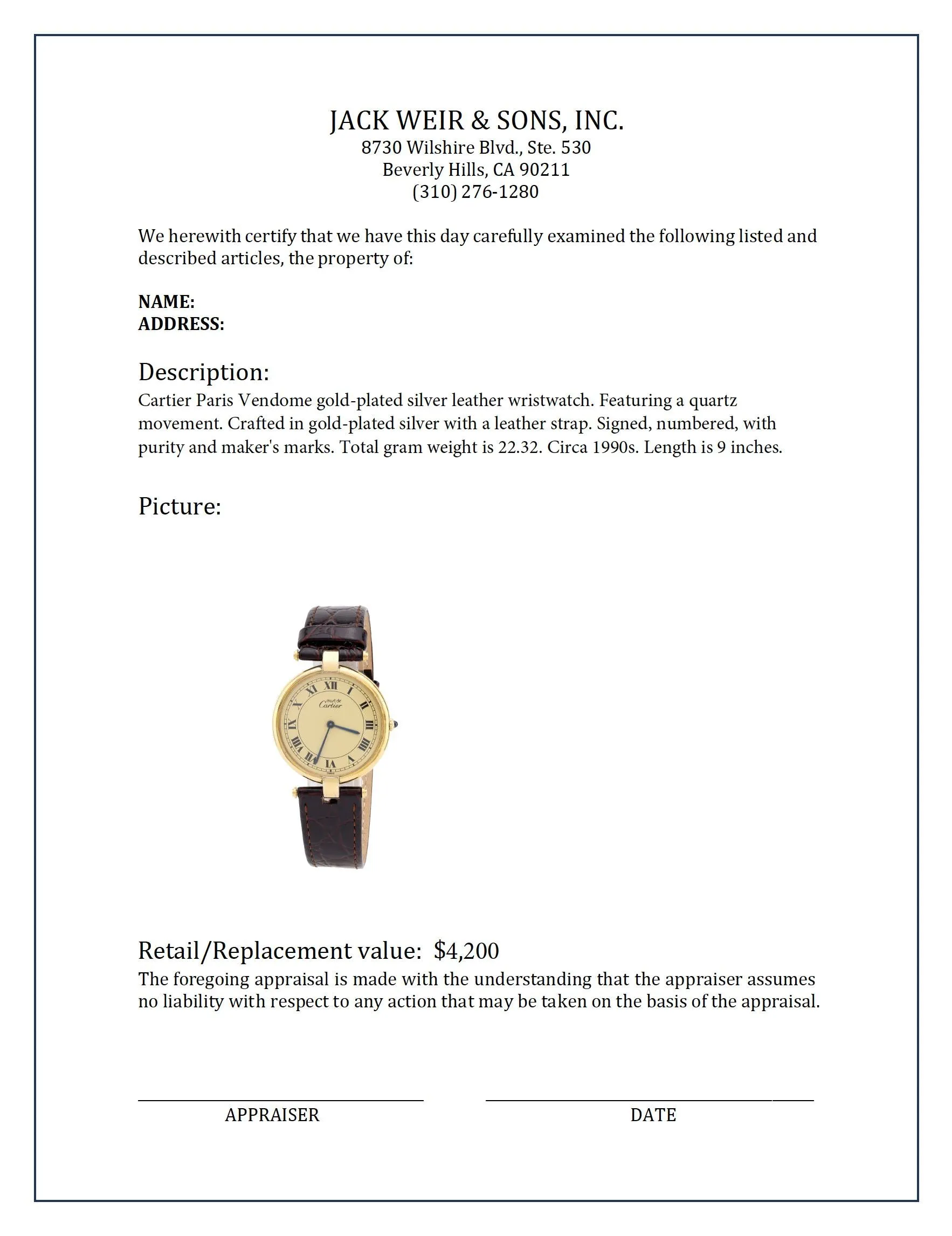 Cartier Paris Vendome gold plated silver leather wristwatch