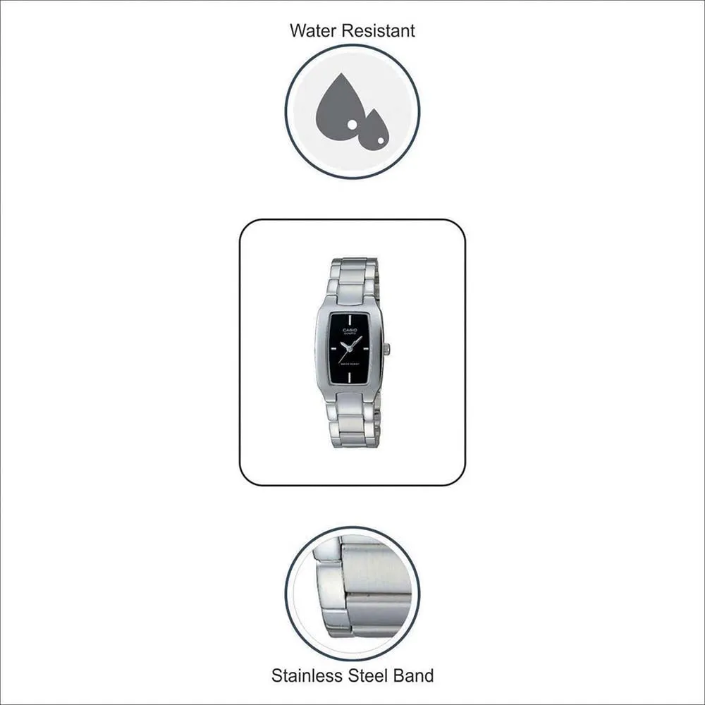 Casio Women's Black Dial Silver Stainless Steel Band Quartz Watch - LTP-1165A-1CDF