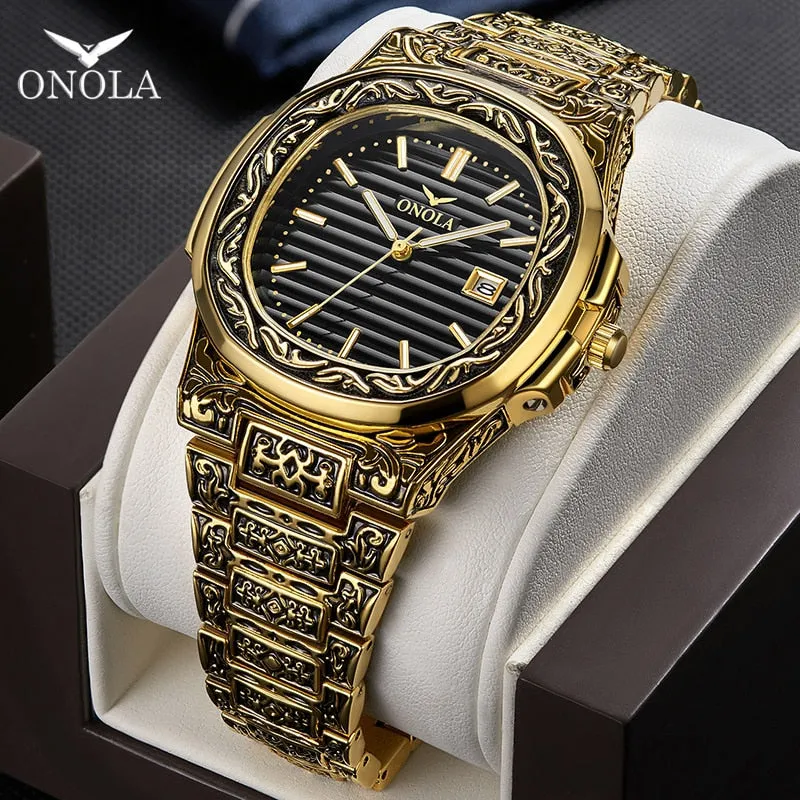 Fashion quartz watch men Brand ONOLA luxury Retro golden watch men gold mens watch reloj hombre