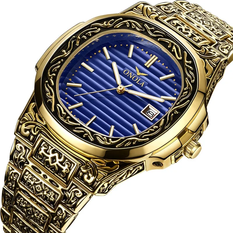 Fashion quartz watch men Brand ONOLA luxury Retro golden watch men gold mens watch reloj hombre