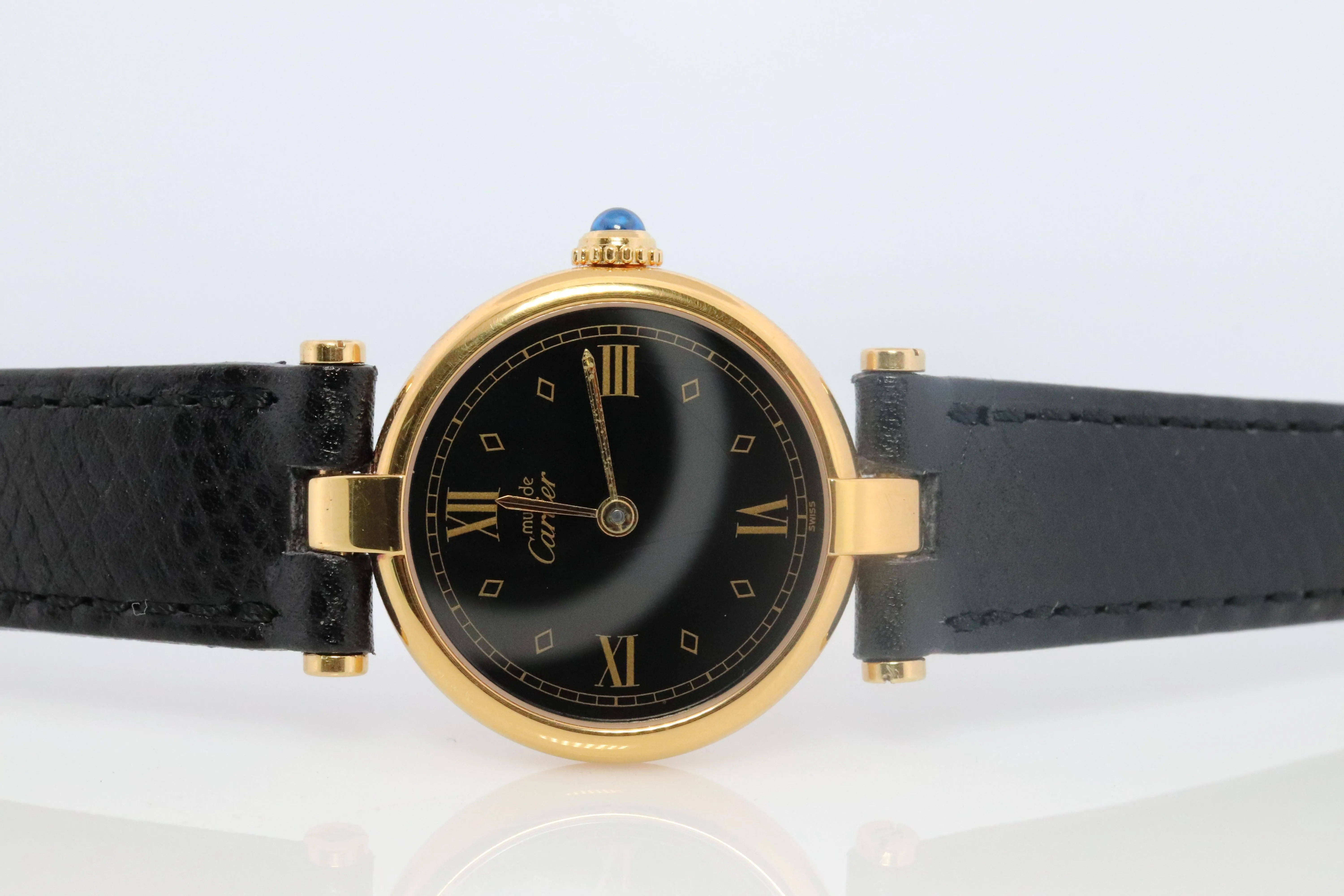 Genuine Cartier Watch. Must de Cartier Vendome Round Argent Vermeil Black Face