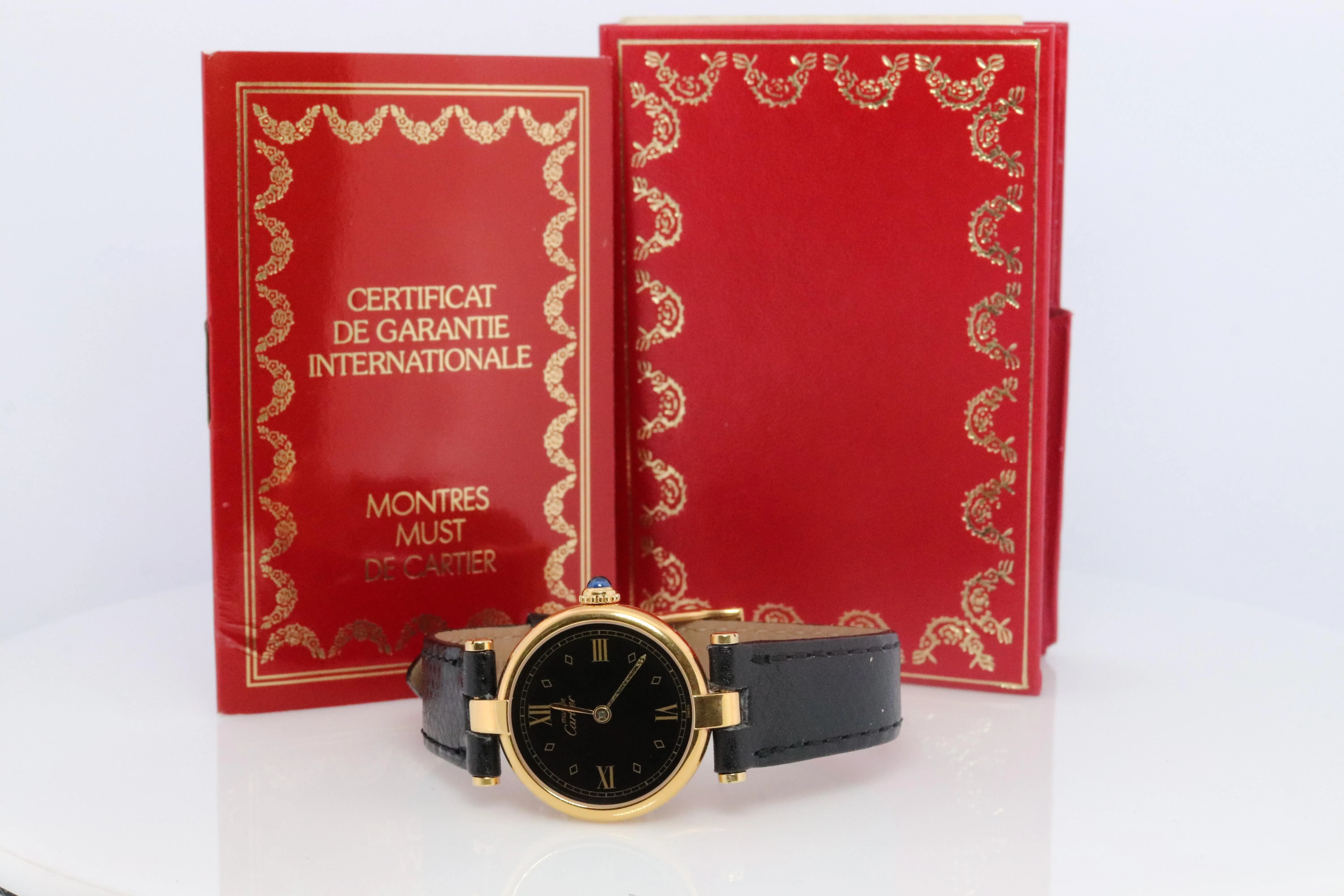 Genuine Cartier Watch. Must de Cartier Vendome Round Argent Vermeil Black Face