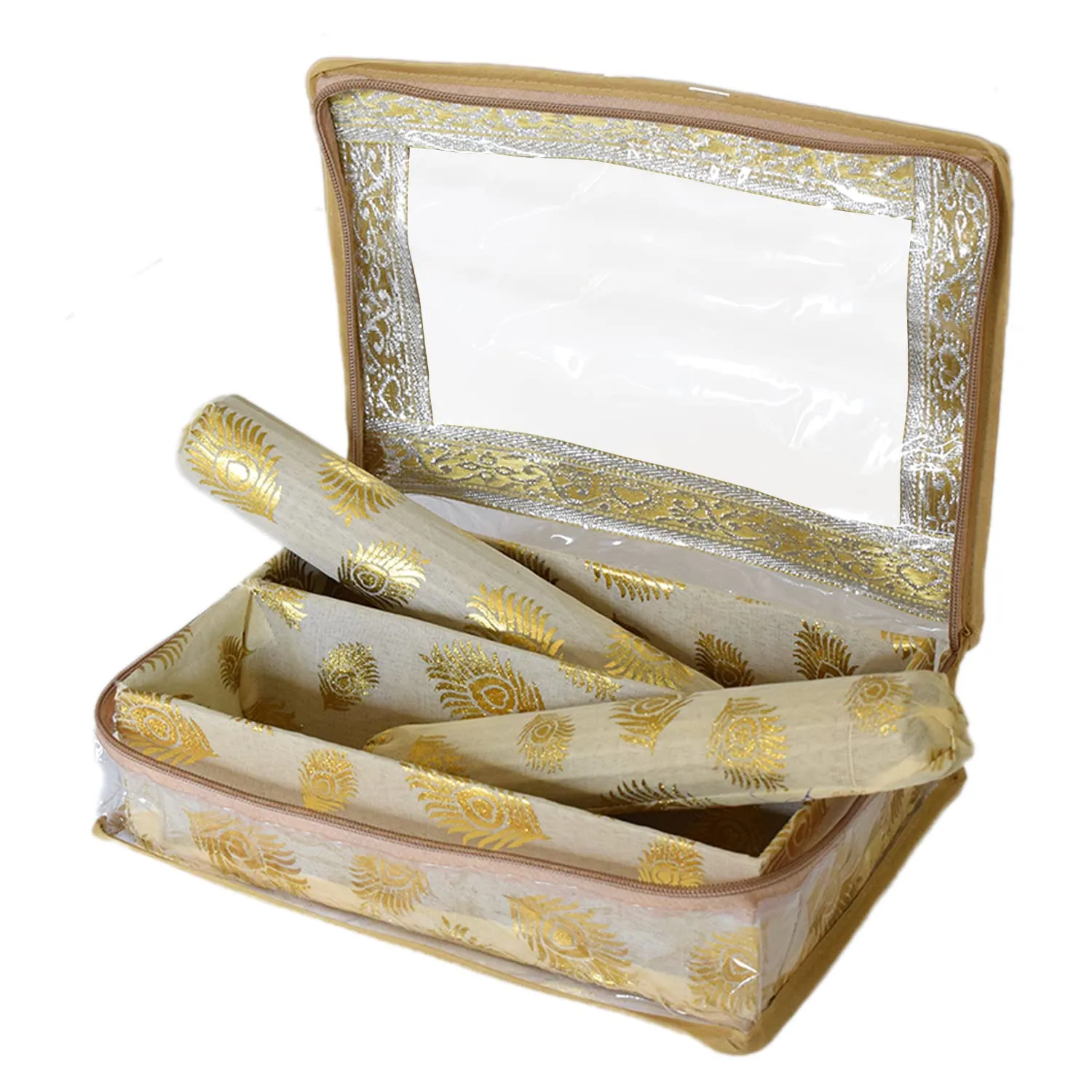 Heart Home Feather Design Laminated 2 Rod Box, Organizer For Bangle, Watches, Bracelets, Jewellery With Tranasparent Top (Gold)-47HH0174