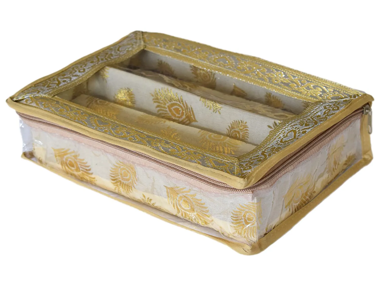 Heart Home Feather Design Laminated 2 Rod Box, Organizer For Bangle, Watches, Bracelets, Jewellery With Tranasparent Top (Gold)-47HH0174