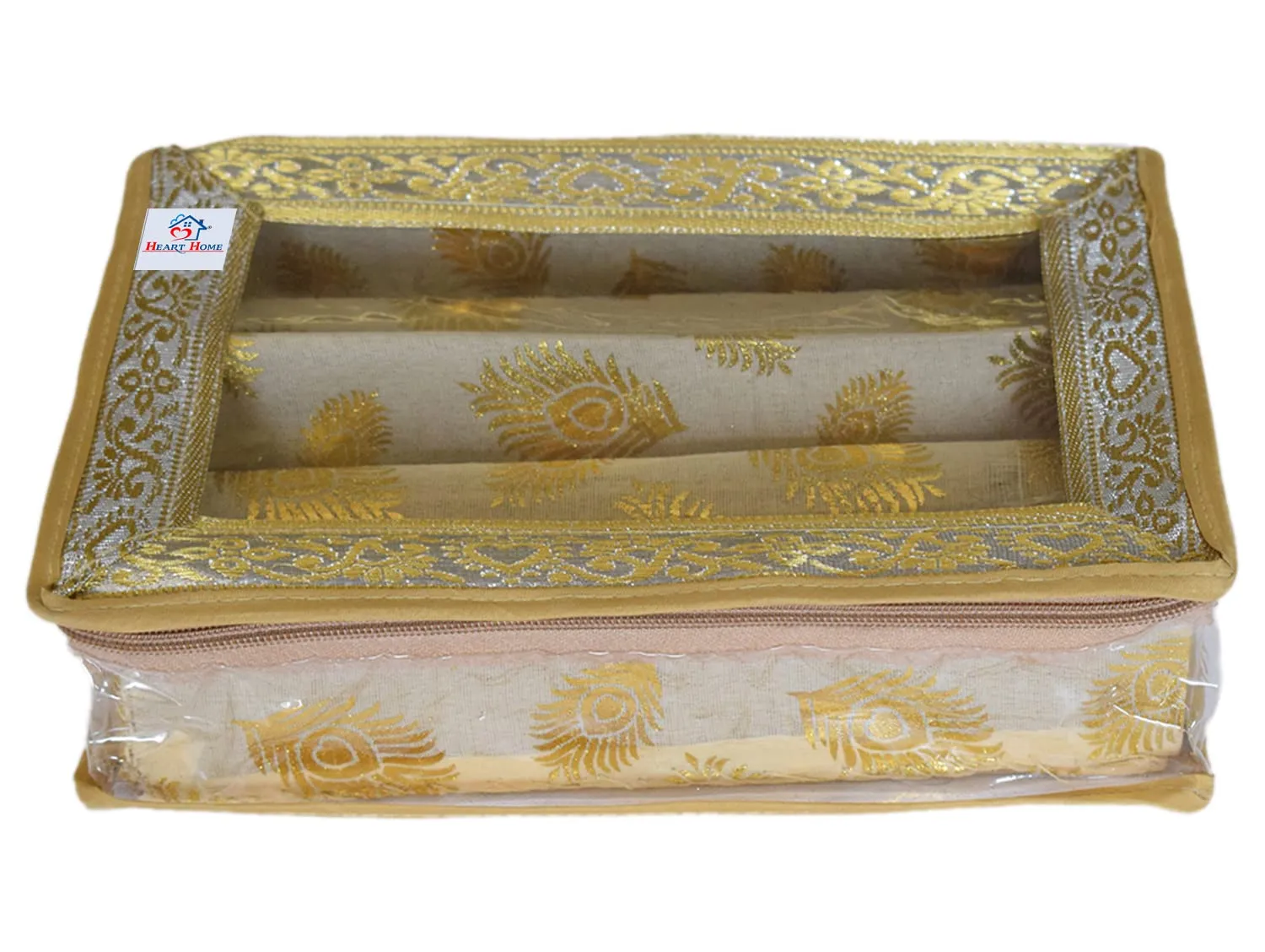 Heart Home Feather Design Laminated 2 Rod Box, Organizer For Bangle, Watches, Bracelets, Jewellery With Tranasparent Top (Gold)-47HH0174