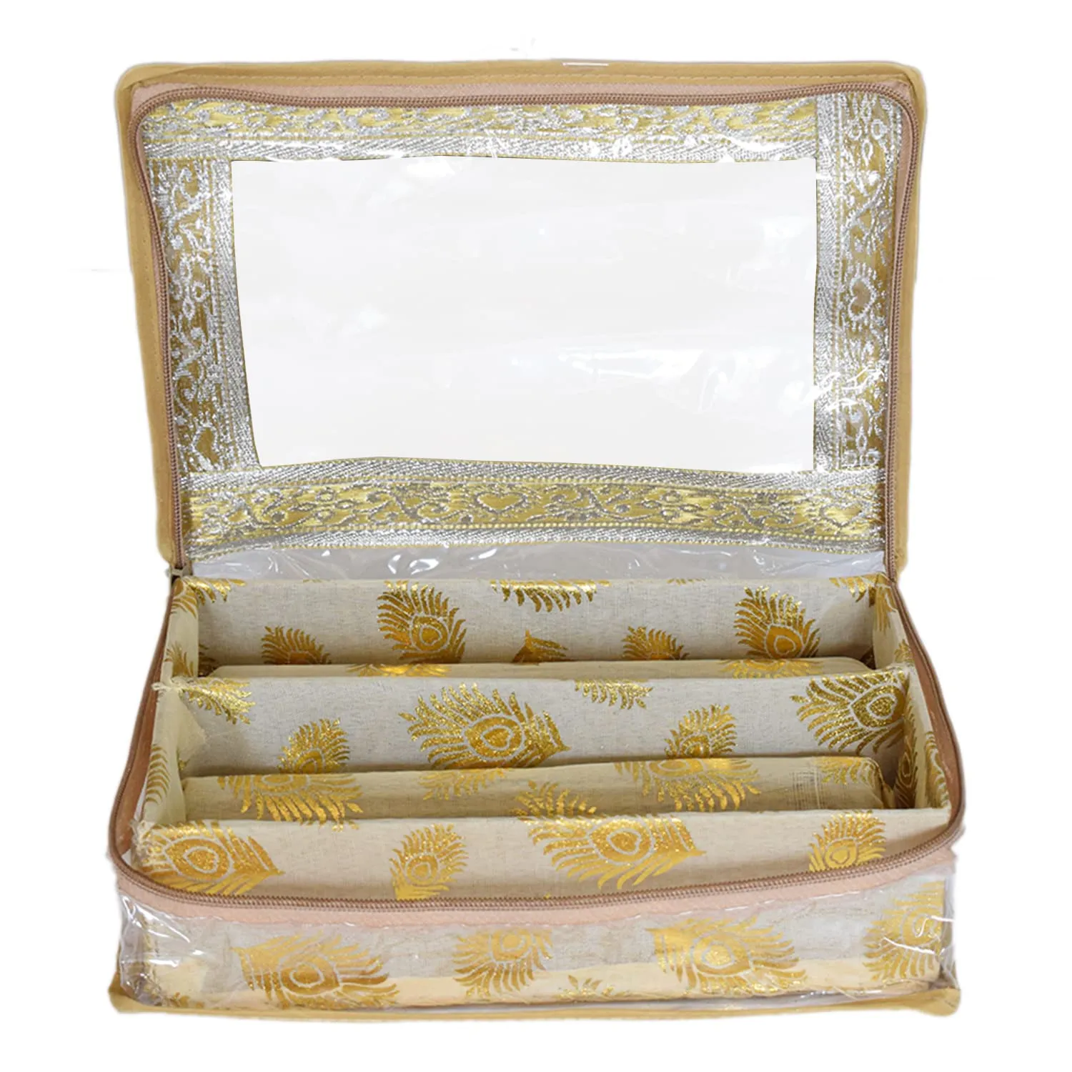 Heart Home Feather Design Laminated 2 Rod Box, Organizer For Bangle, Watches, Bracelets, Jewellery With Tranasparent Top (Gold)-47HH0174