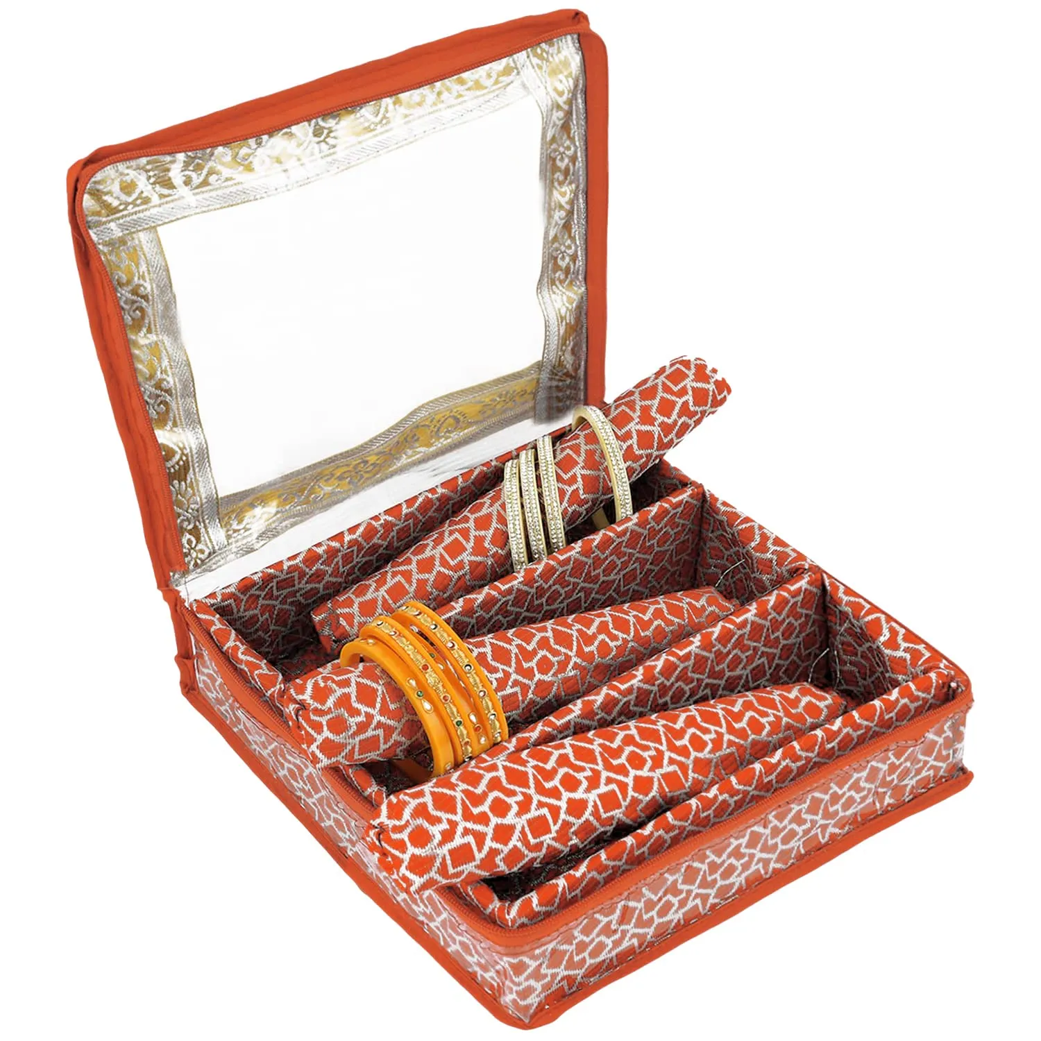 Heart Home Feather Design Laminated 3 Rod Box, Organizer For Bangle, Watches, Bracelets, Jewellery With Tranasparent Top - Pack of 2 (Orange)-47HH0156