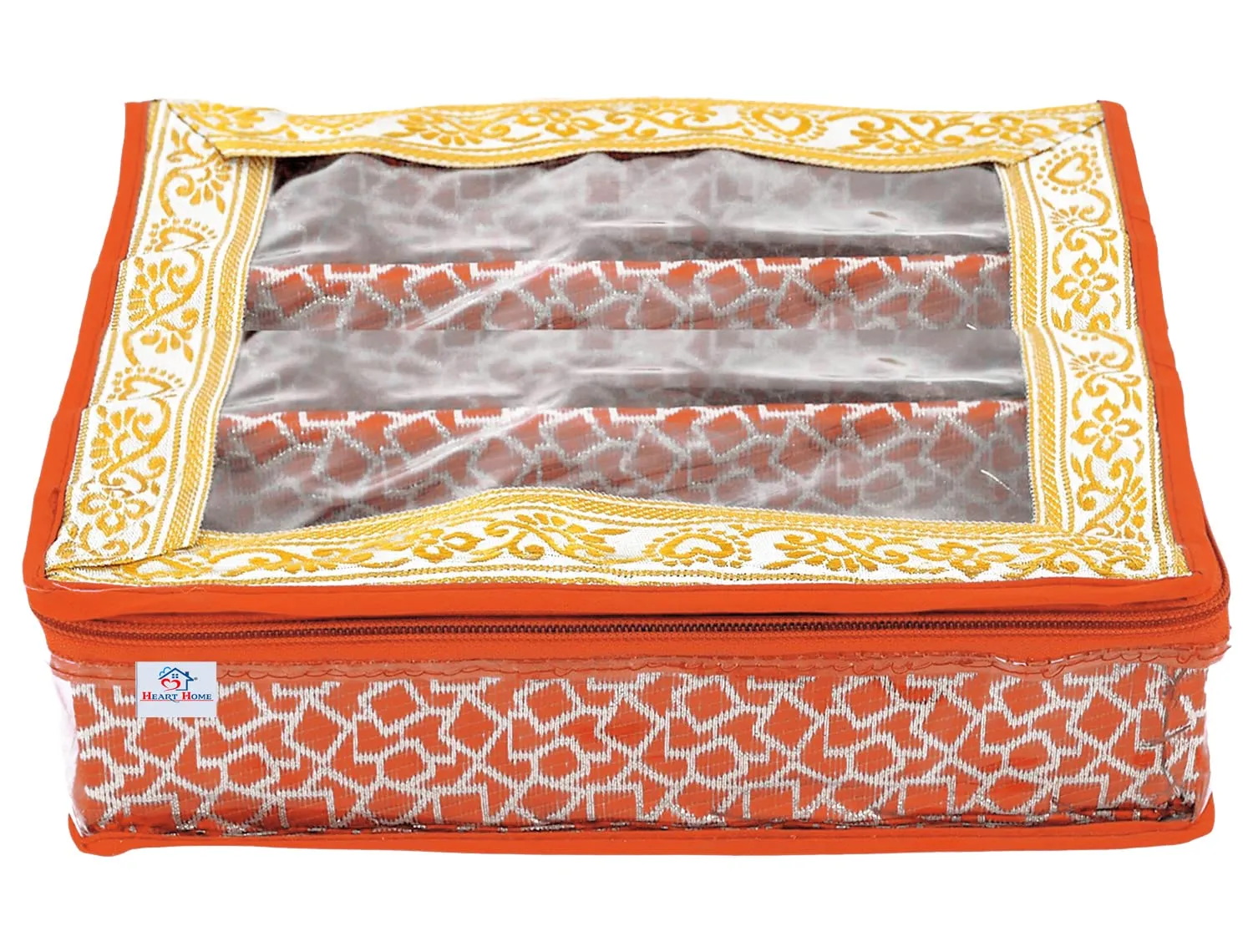 Heart Home Feather Design Laminated 3 Rod Box, Organizer For Bangle, Watches, Bracelets, Jewellery With Tranasparent Top - Pack of 2 (Orange)-47HH0156