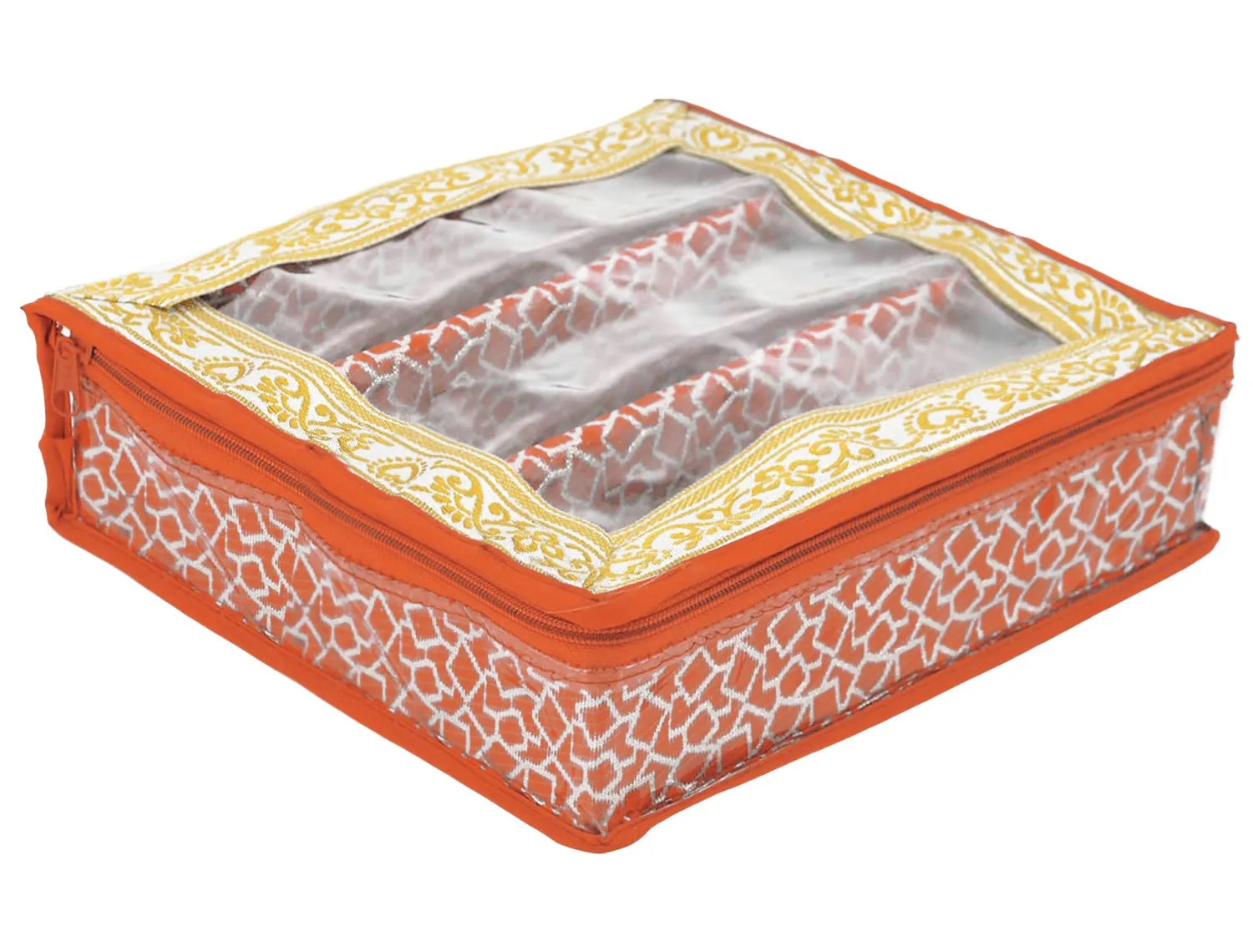 Heart Home Feather Design Laminated 3 Rod Box, Organizer For Bangle, Watches, Bracelets, Jewellery With Tranasparent Top - Pack of 2 (Orange)-47HH0156