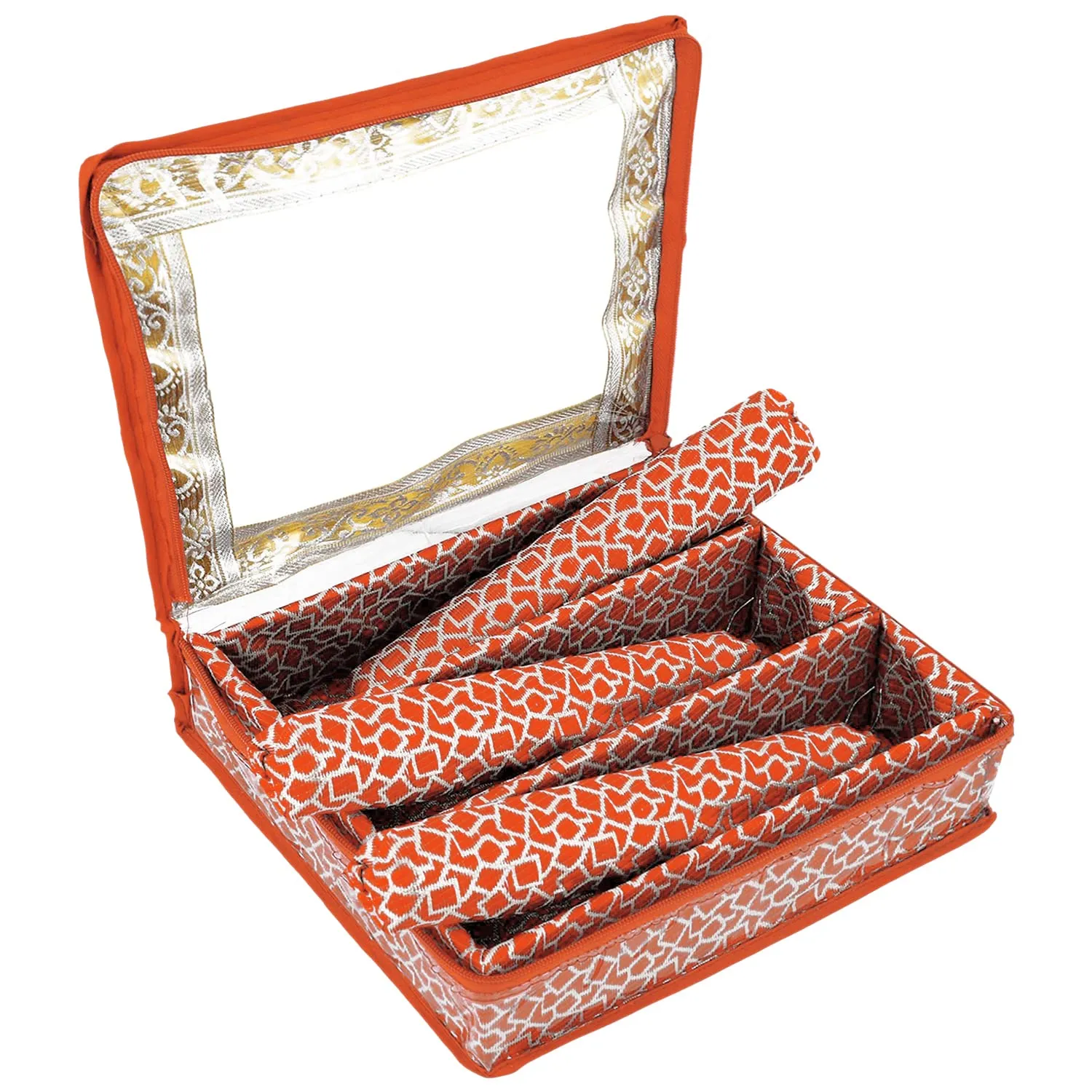 Heart Home Feather Design Laminated 3 Rod Box, Organizer For Bangle, Watches, Bracelets, Jewellery With Tranasparent Top - Pack of 2 (Orange)-47HH0156