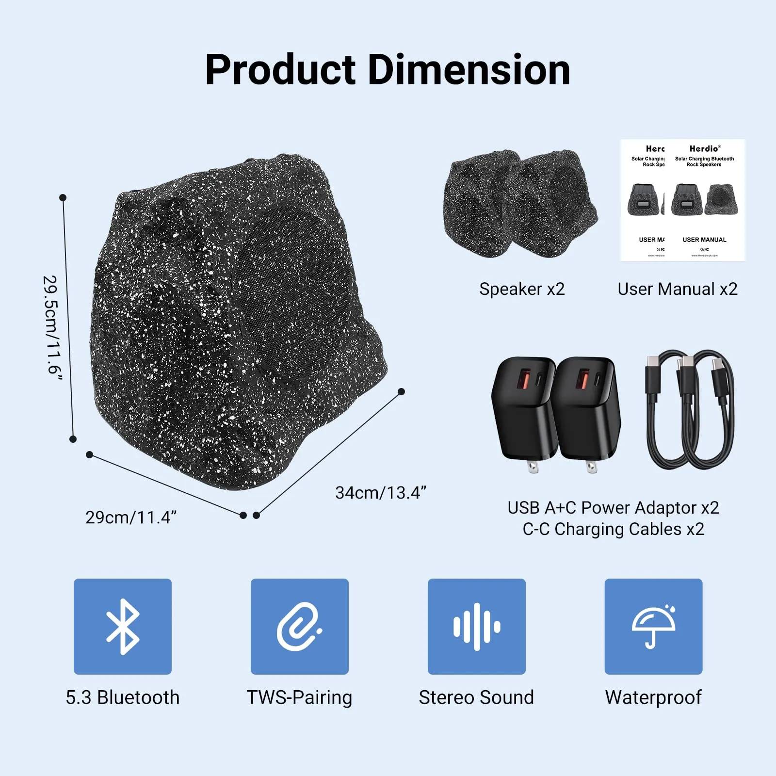 Herdio 8" Rock Bluetooth Speakers Outdoor Waterproof IPX7 Wireless Solar Max 240 Watt, TWS Connection Powered with Rechargeable Battery for Garden Patio Deck Pool BackyardGray1Pair
