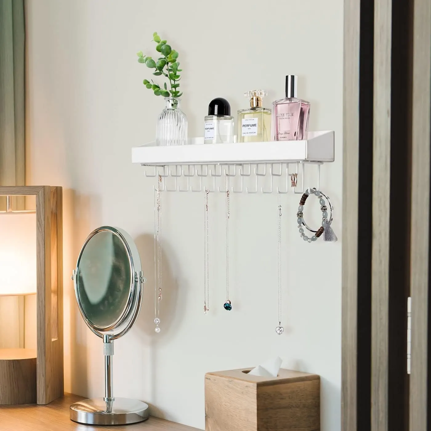 Jewelry Organizer Necklace Holder with 23 Hooks, Wall Mounted Necklaces Bracelet Earrings Ring Holder Hanger with Shelf for Perfume Aesthetic Room Decor (White, 14.37 x 2.95 x 3.86 inches) - MK208C