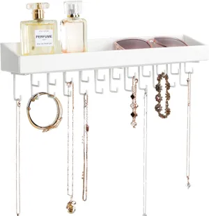 Jewelry Organizer Necklace Holder with 23 Hooks, Wall Mounted Necklaces Bracelet Earrings Ring Holder Hanger with Shelf for Perfume Aesthetic Room Decor (White, 14.37 x 2.95 x 3.86 inches) - MK208C