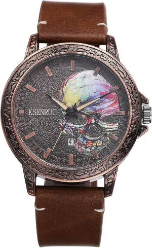 JewelryWe Punk Skull Leather Watches: Cool Round Analog Quartz Calendar Watch Mens Gothic Leather Wristwatch