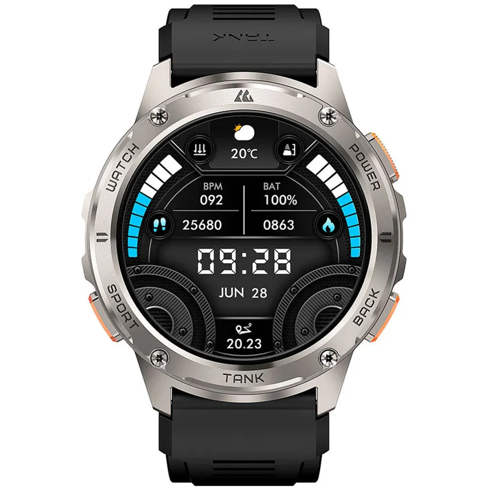 Kospet Tank T3 Smart Watch Silver Zinc Alloy Case With Black Silicone Strap