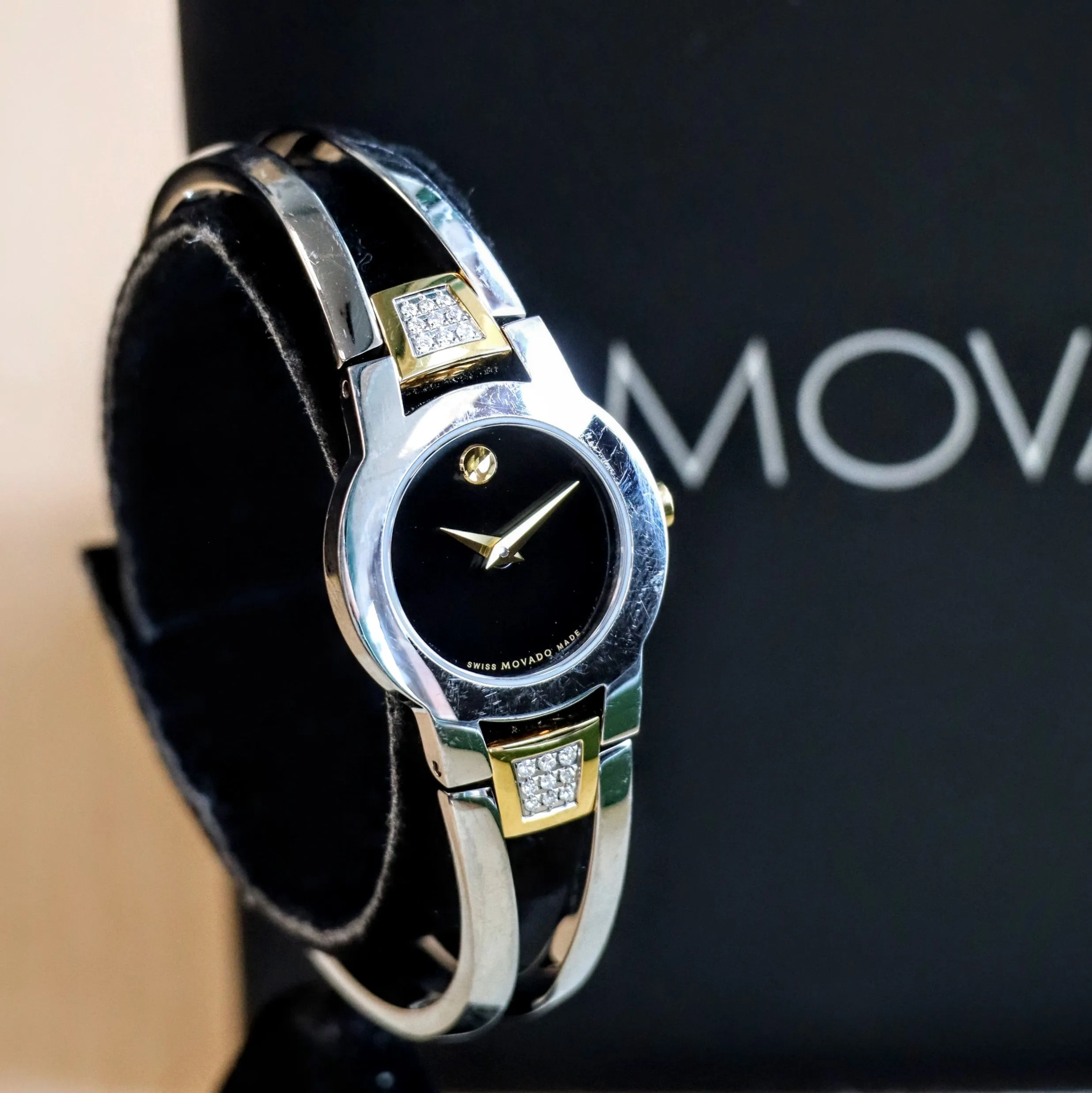 Ladies MOVADO Amorosa Watch Two-Tone Bangle Bracelet Wristwatch Ref. 81 E4 1842 - Double Box & Papers!