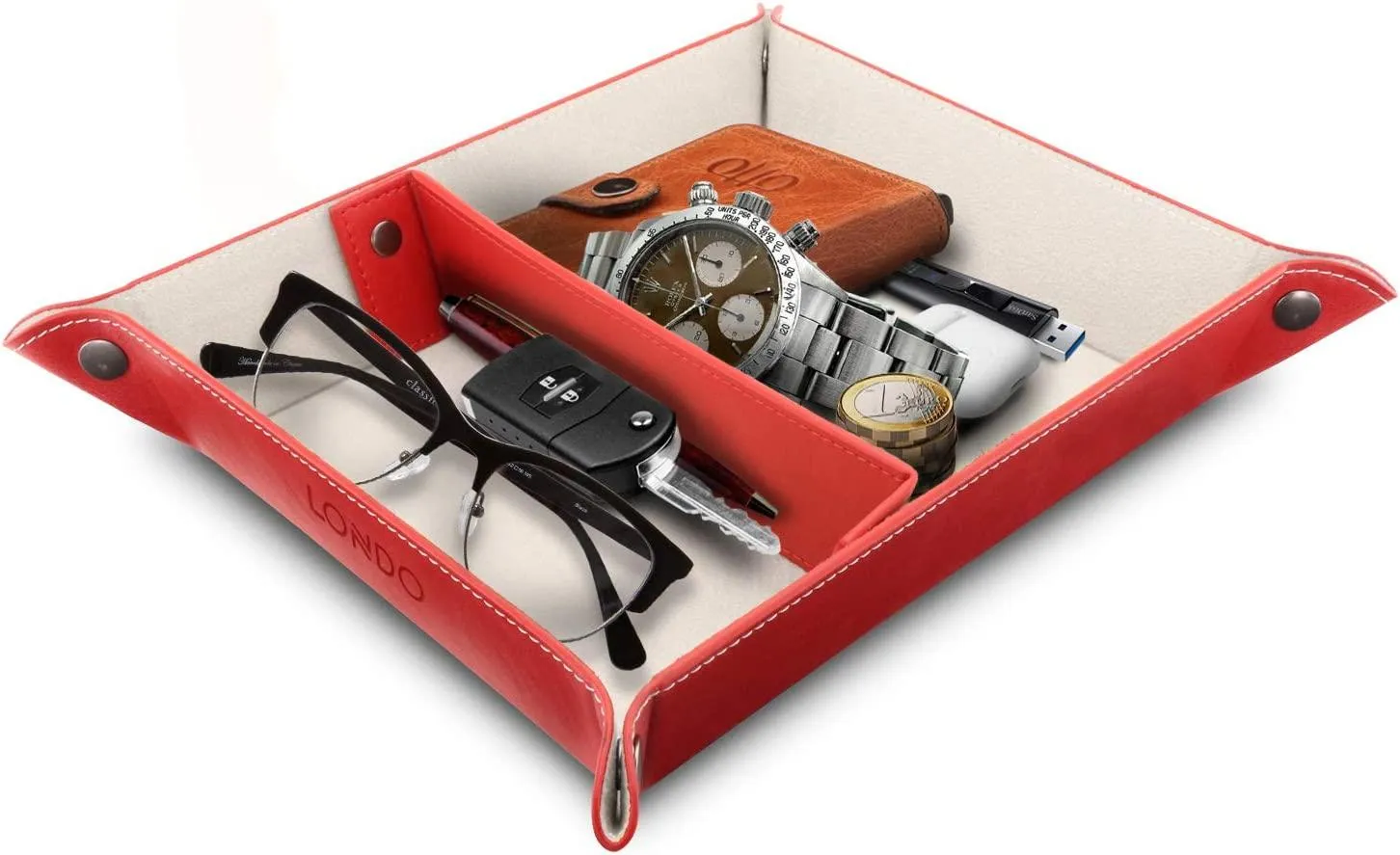 Londo Leather Tray Organizer - Practical Storage Box for Wallets, Watches, Keys, Coins, Cell Phones and Office Equipment