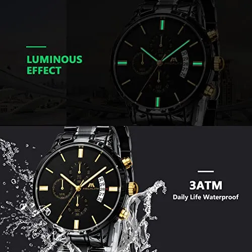 MEGALITH Mens Watches 45mm Chronograph Quartz Men's Wrist Watches Stainless Steel Black Waterproof Business Dress Watches for Men Luminous Date, Gifts for Men