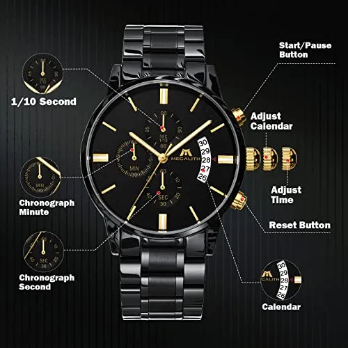 MEGALITH Mens Watches 45mm Chronograph Quartz Men's Wrist Watches Stainless Steel Black Waterproof Business Dress Watches for Men Luminous Date, Gifts for Men